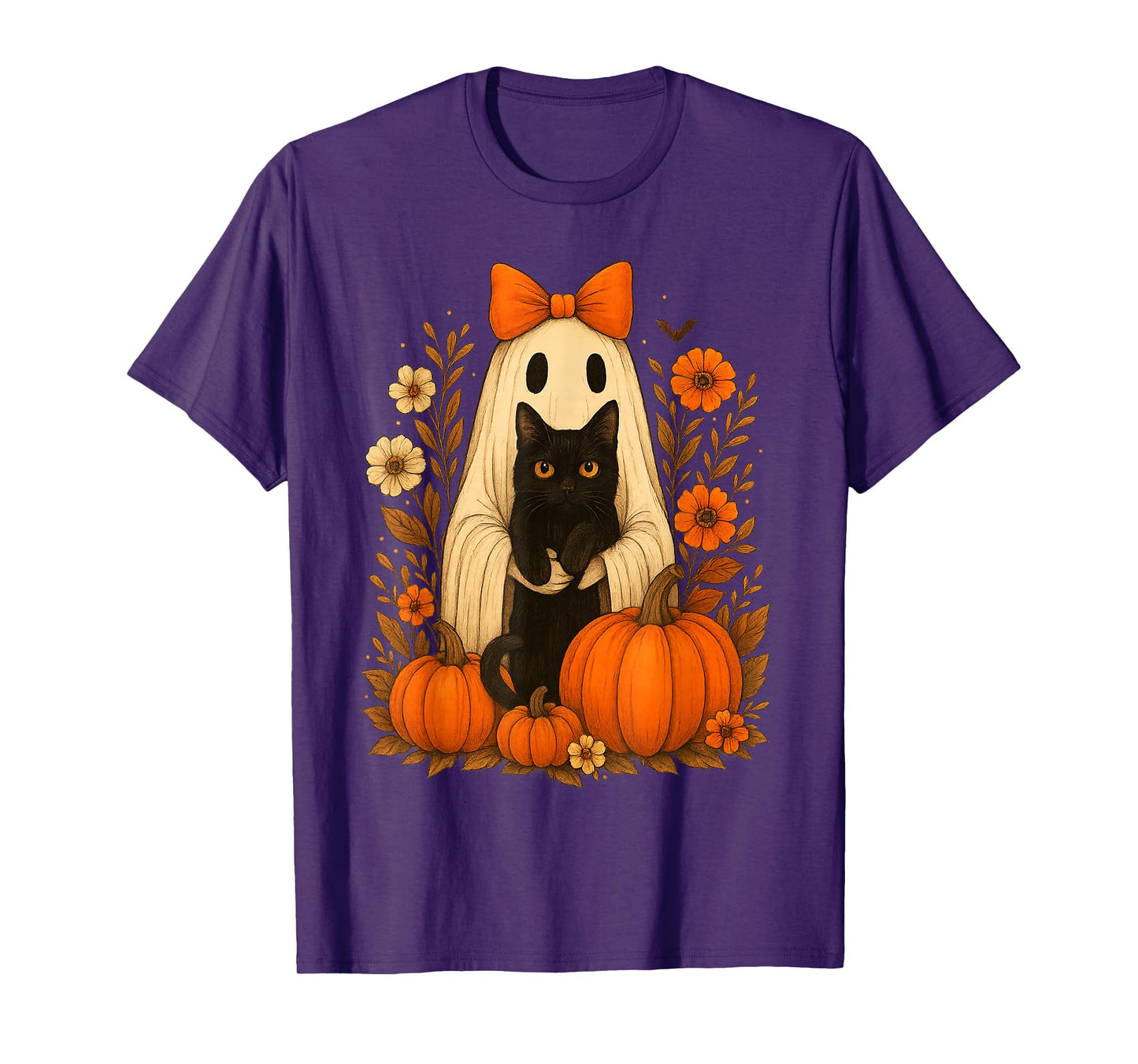 Vintage Halloween Ghost Holding Black Cat Groovy Floral T-Shirt