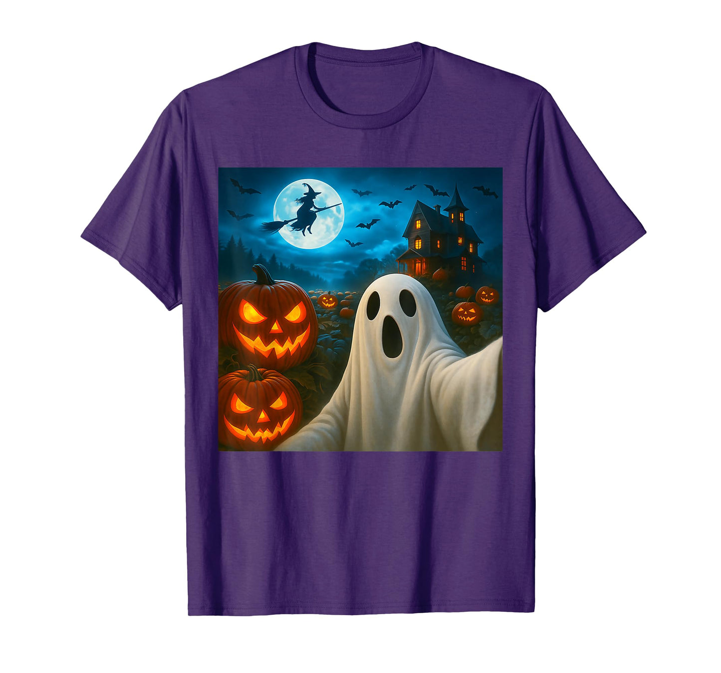 Funny Halloween Ghost Selfie with Spooky Pumpkins Men Women T-Shirt