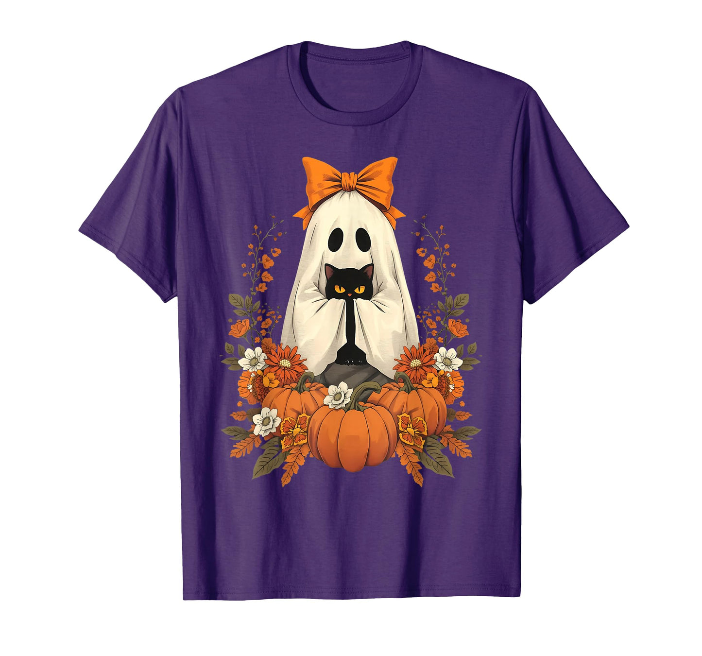 Vintage Halloween Ghost Holding Cat Groovy Floral Cat Meme T-Shirt