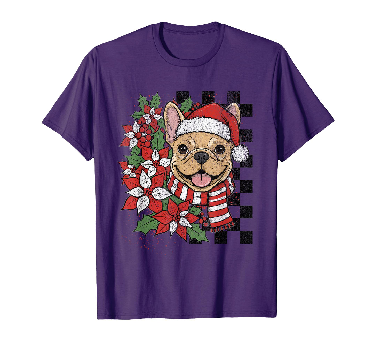 French Bulldog Christmas Frenchie Santa Checkerboard T-Shirt