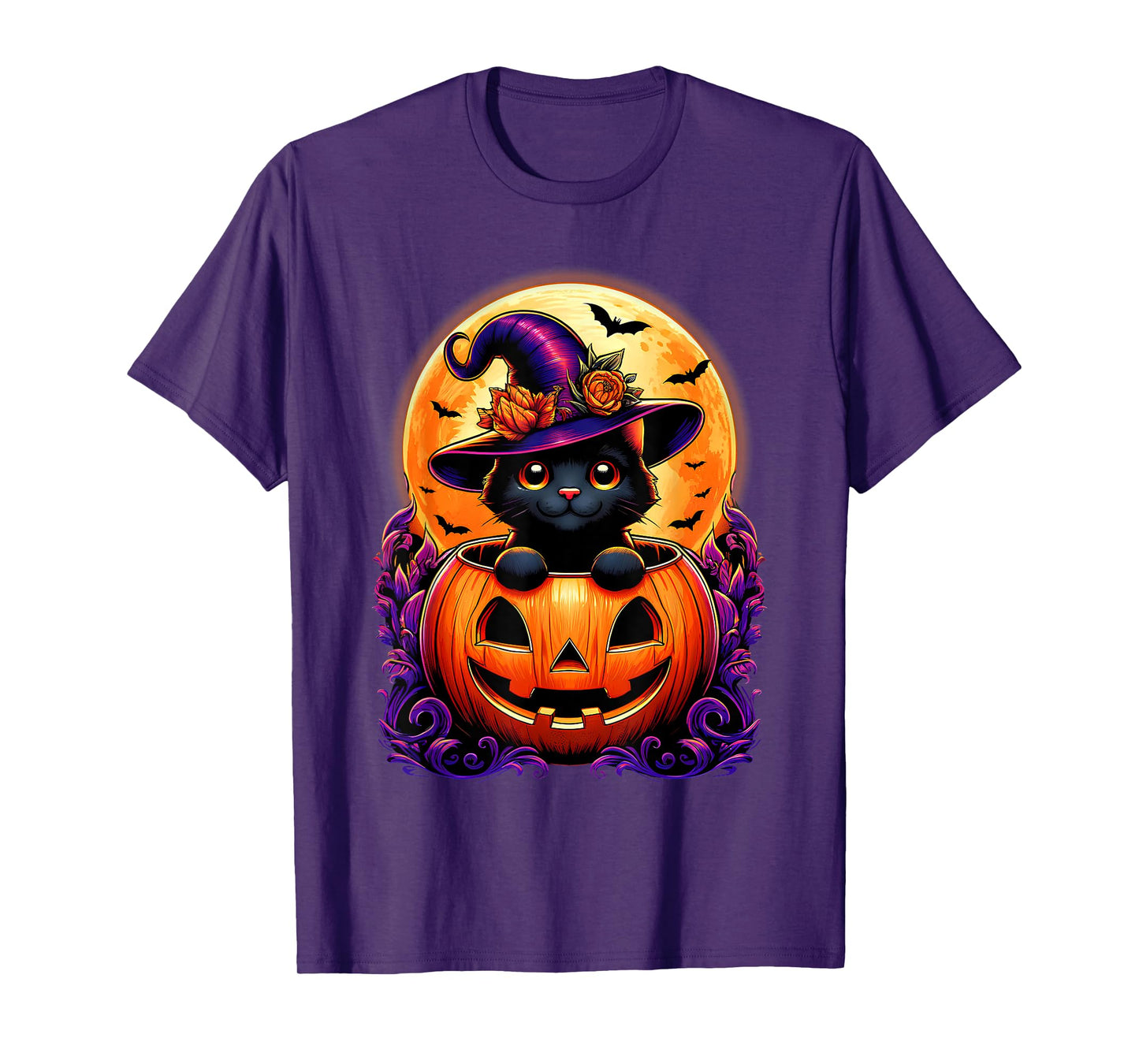 Black Cat Witch Hat Pumpkin Funny Halloween Men Women Kids T-Shirt