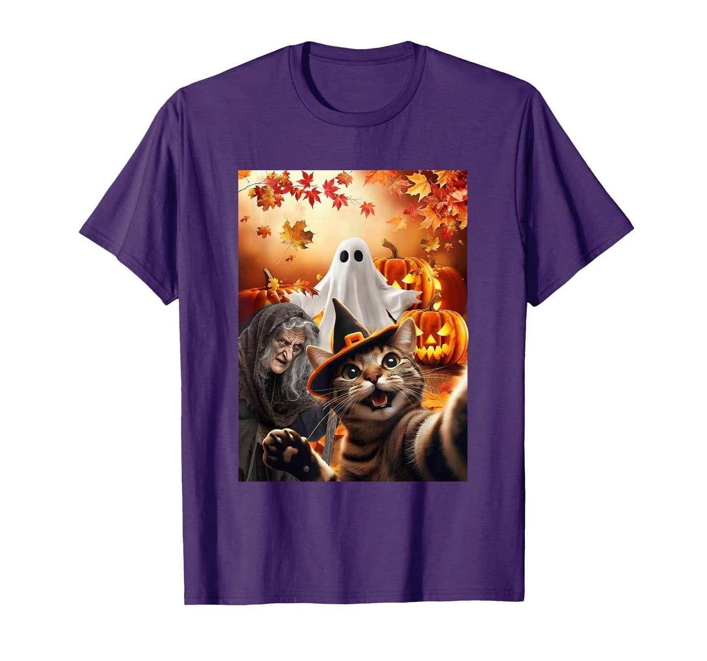 Funny Halloween Cat Selfie Ghost Witch Pumpkin Autumn Leaf T-Shirt