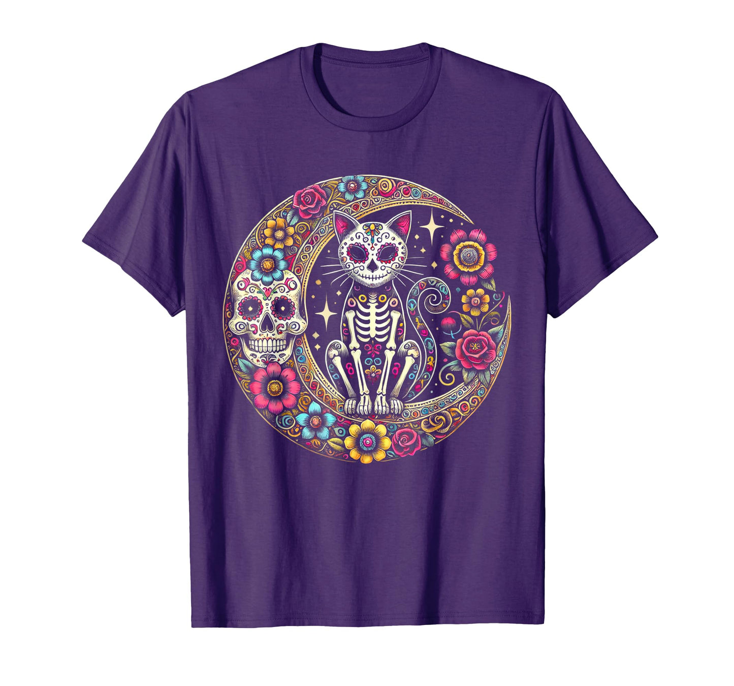 Cat Moon Dia De Los Muertos Day Of The Dead Sugar Skull T-Shirt