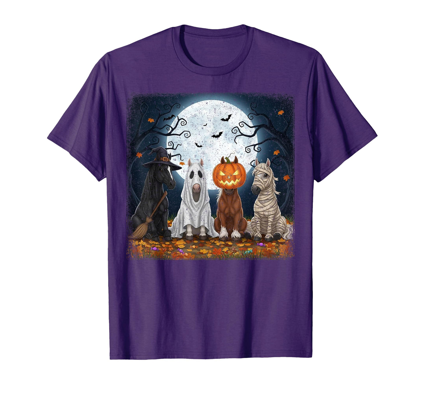 Halloween Horses with Ghost Pumpkin and Witch Hat Design T-Shirt