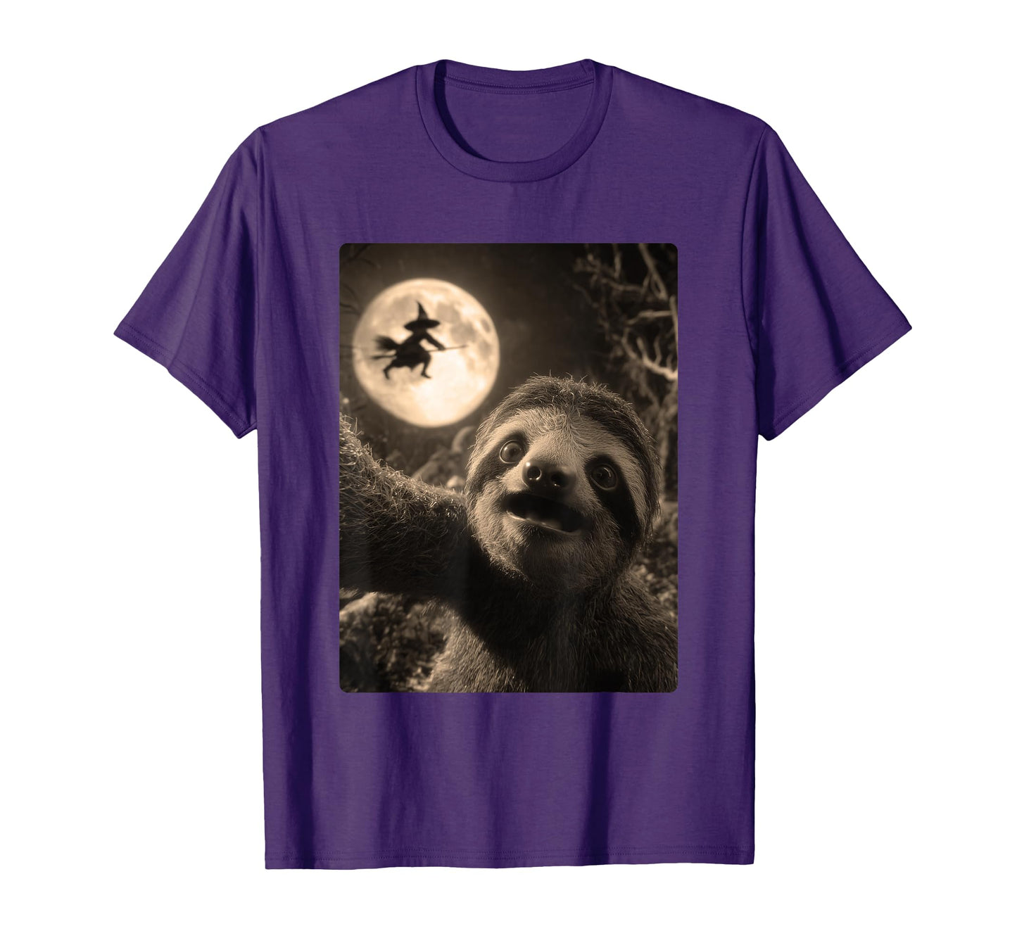 Funny Sloth Selfie Full Moon Flying Witch Forest Halloween T-Shirt