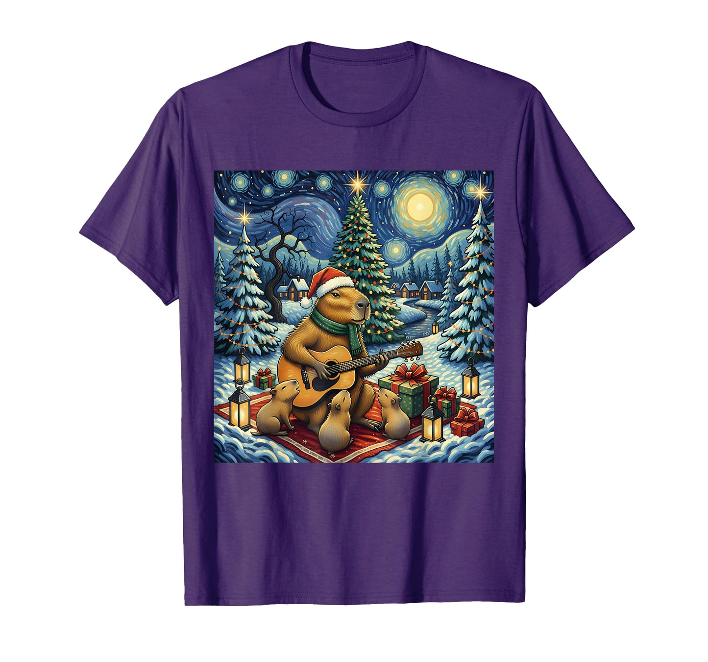 Capybara Playing The Guitar Van Gogh Style Christmas Themed T-Shirt