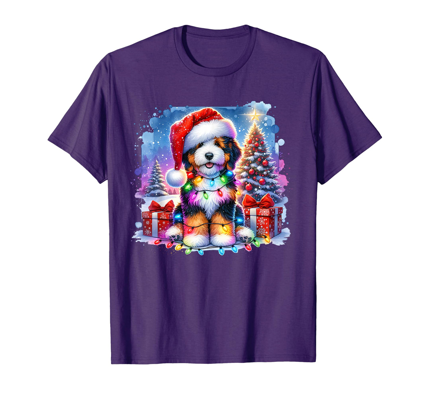 Festive Bernedoodle Dog Santa Hat Christmas Tree Lights T-Shirt