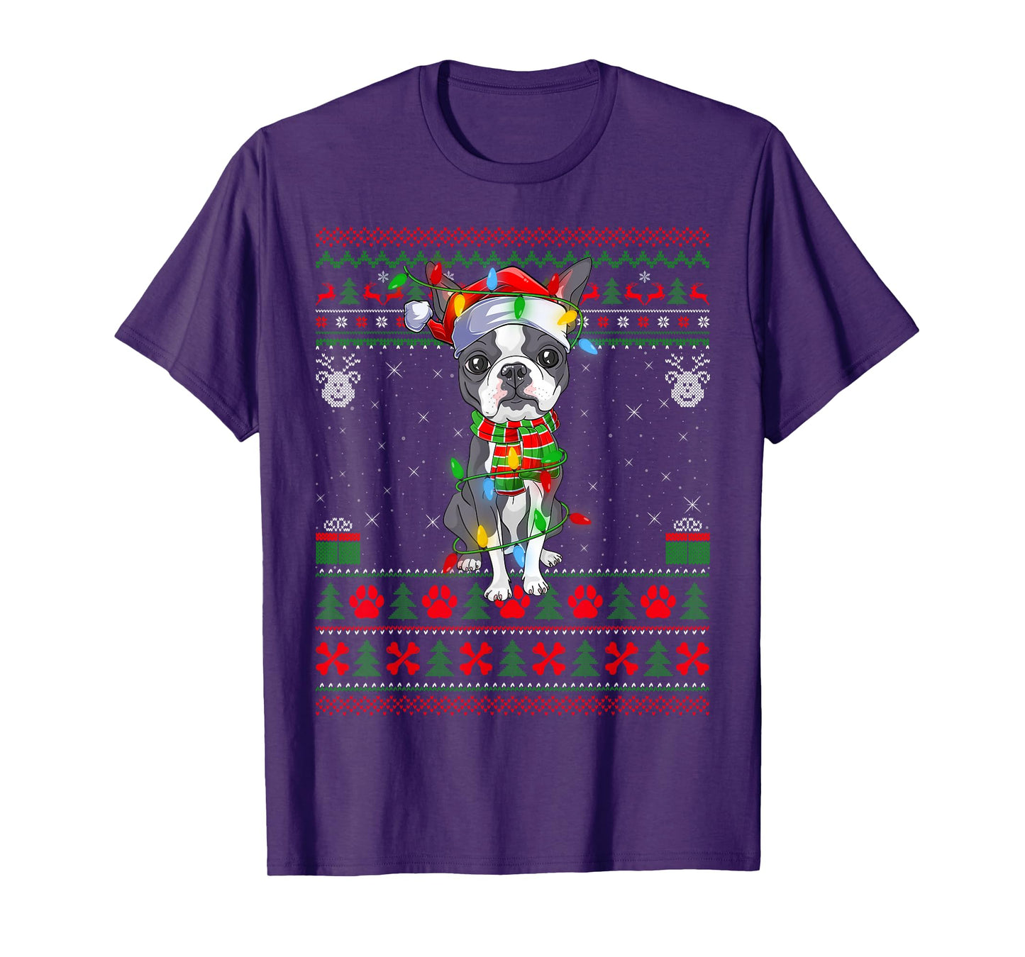 Boston Terrier Dog Ugly Christmas Sweaters Lights Dog Xmas T-Shirt