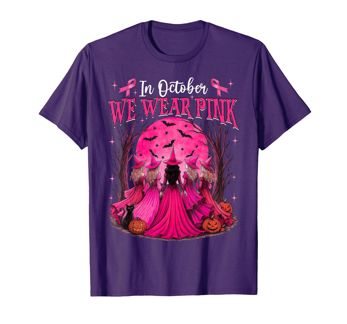 in October We Wear Pink Witch Halloween Breast Cancer Women T-Shirt
