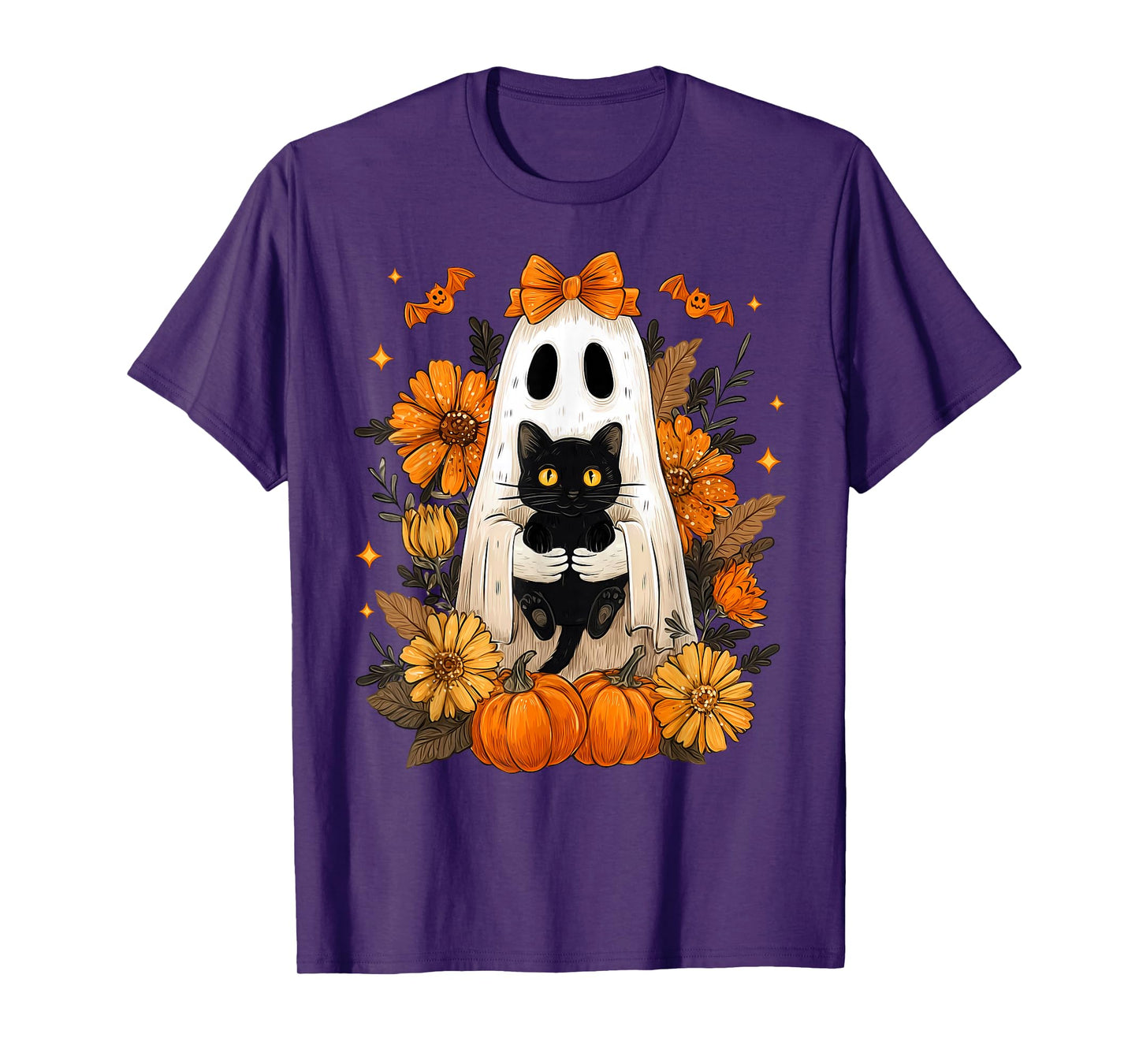 Halloween Groovy Floral Cute Bow Ghost Black Cat Pumpkin T-Shirt