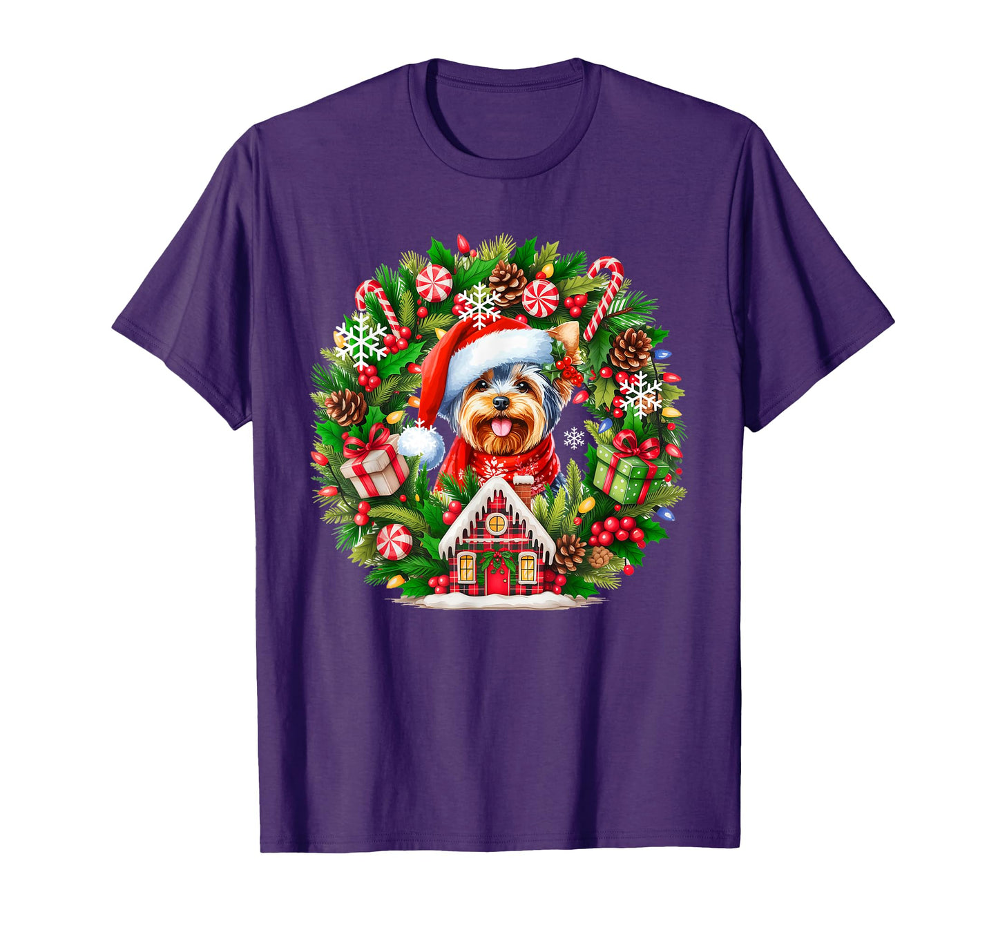 Santa Yorkshire Terrier Christmas Floral Circle Owner Kids T-Shirt