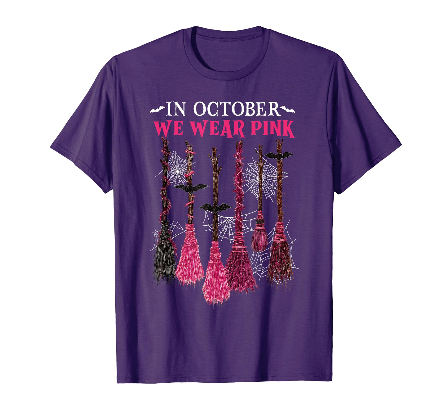 in October We Wear Pink Witch Broom Breast Cancer Halloween T-Shirt