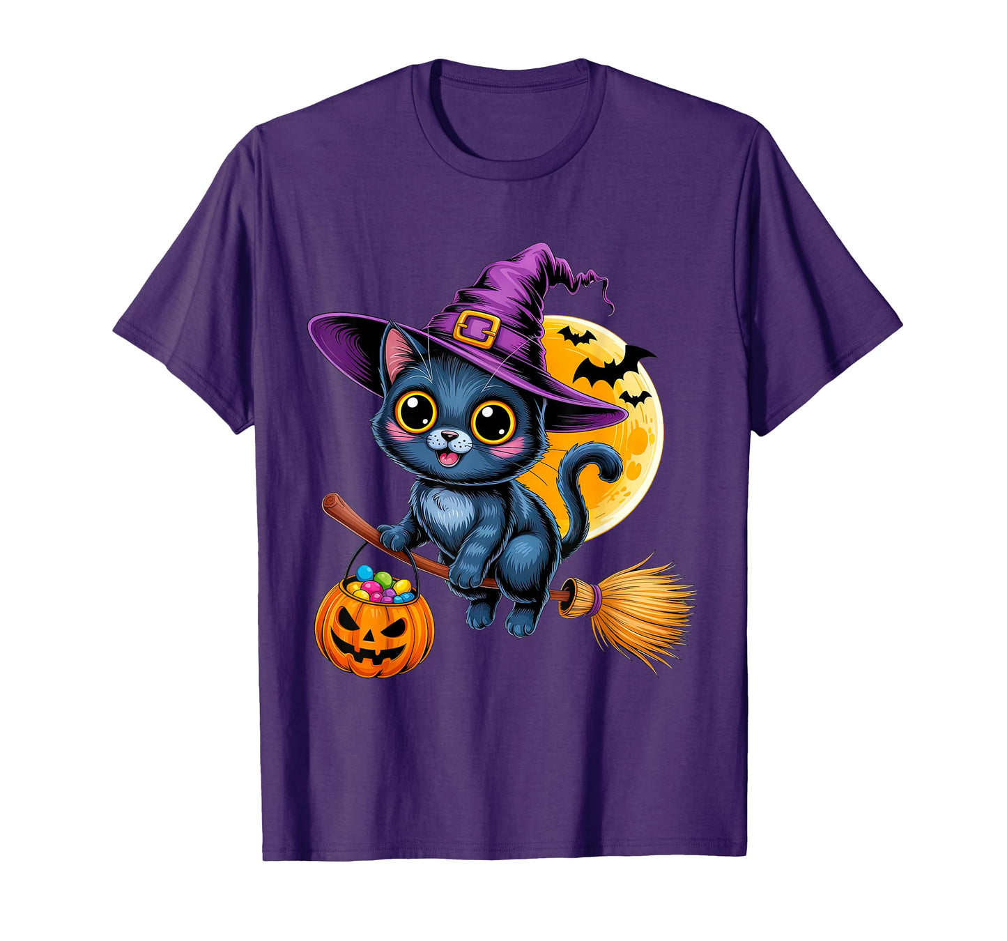 Cat Witch Hat Halloween Moon Pumpkin T-Shirt