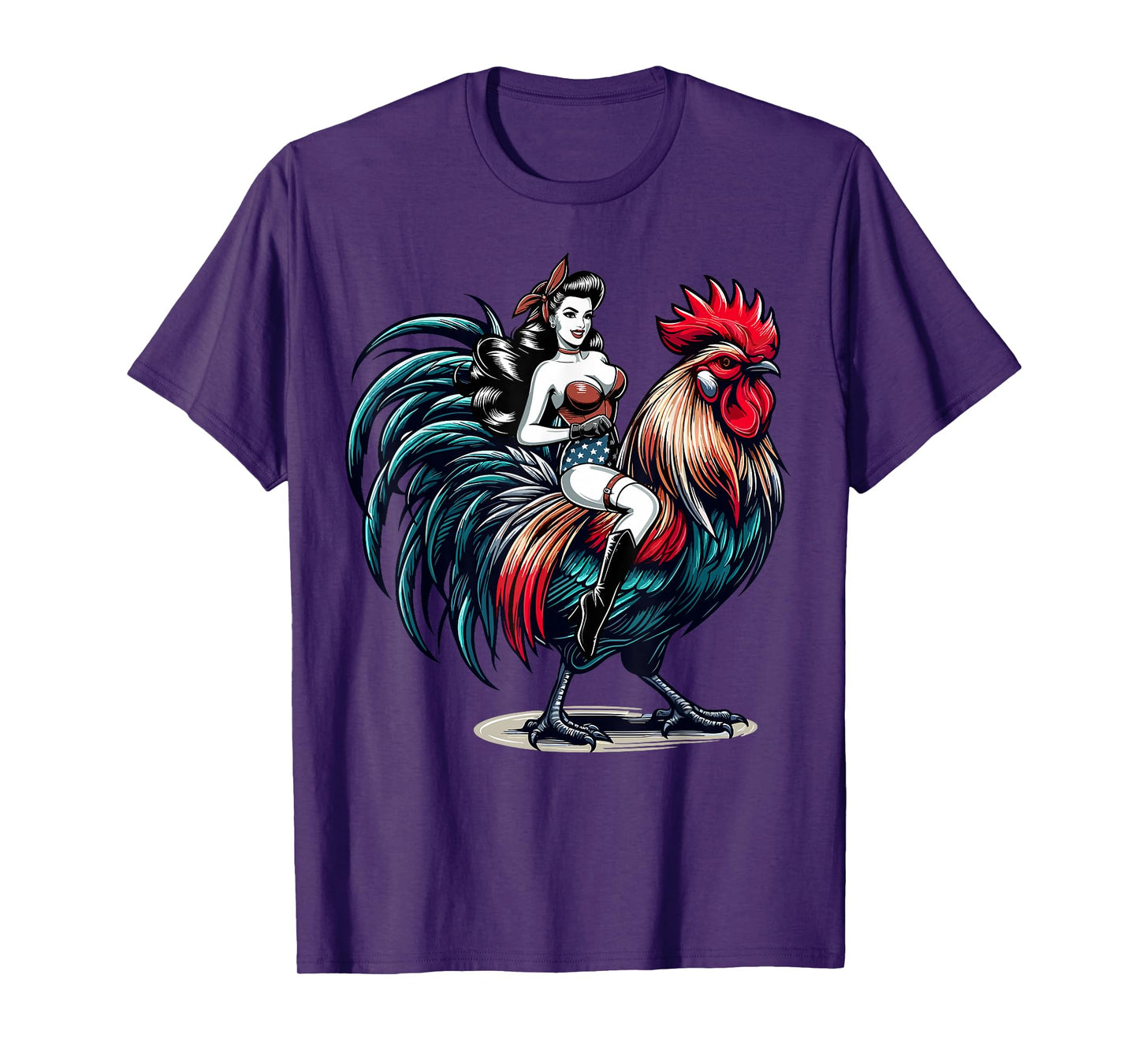 Pin-Up Girl Riding Rooster Vintage Patriotic T-Shirt