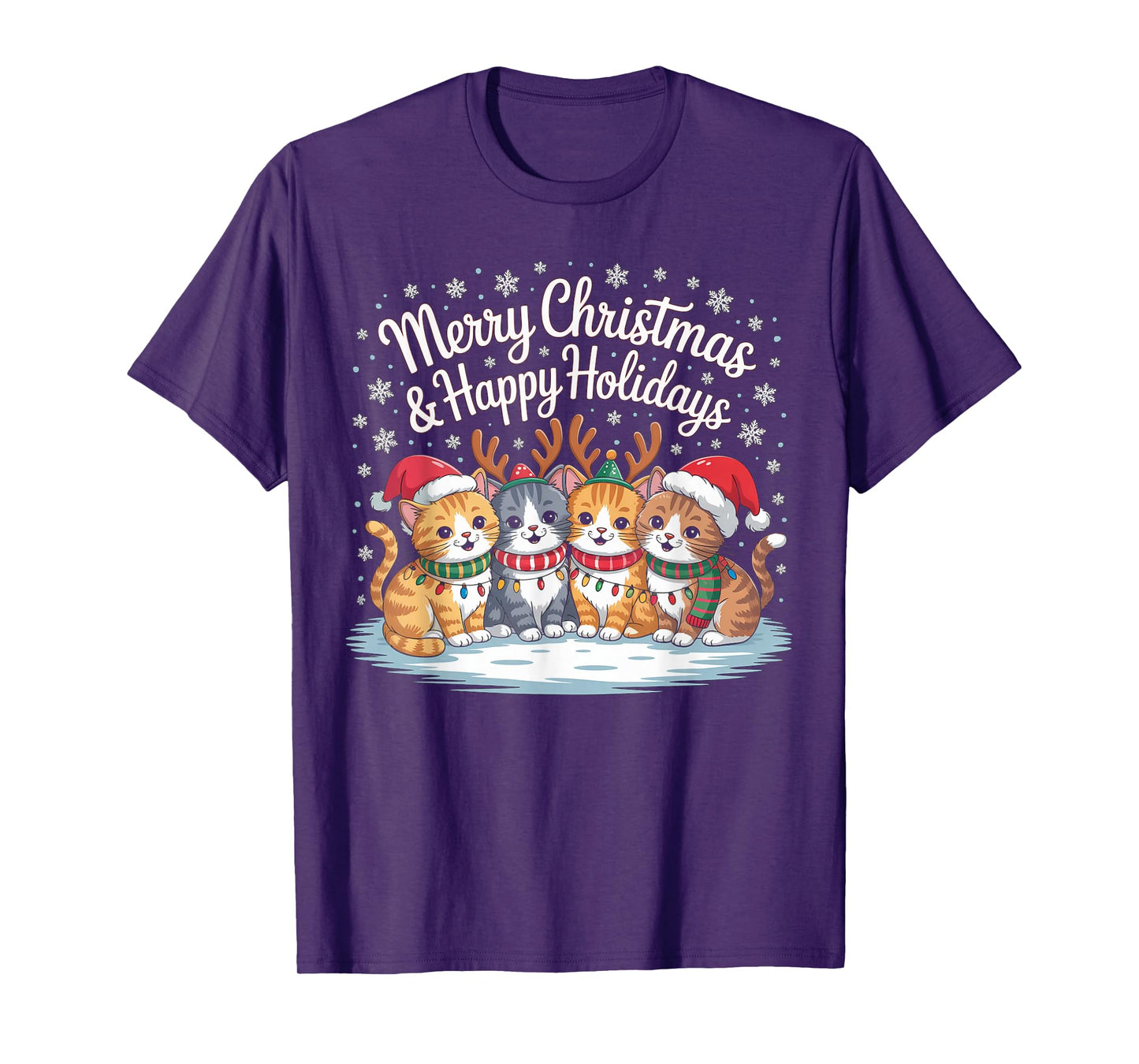 Funny Cat Christmas with Santa Hat and Reindeer Lights Cat T-Shirt