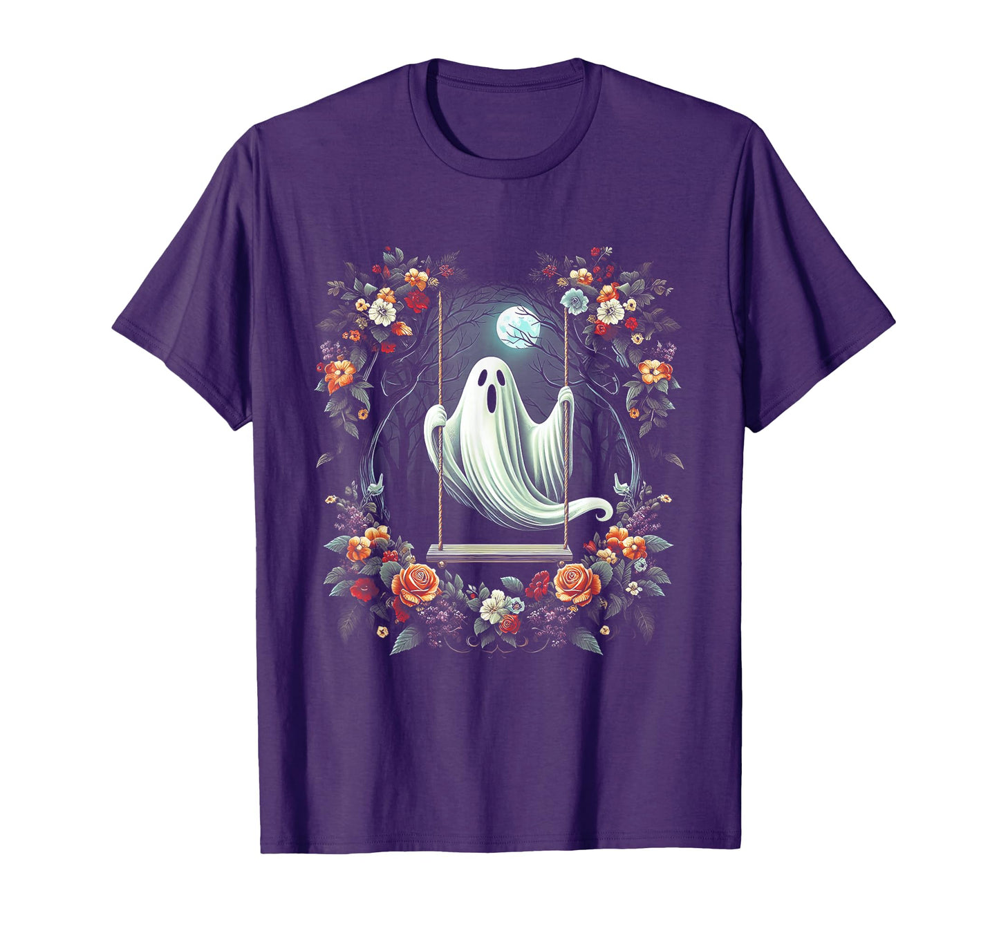 Vintage Floral Ghost On Swing In Forest Halloween Gothic T-Shirt