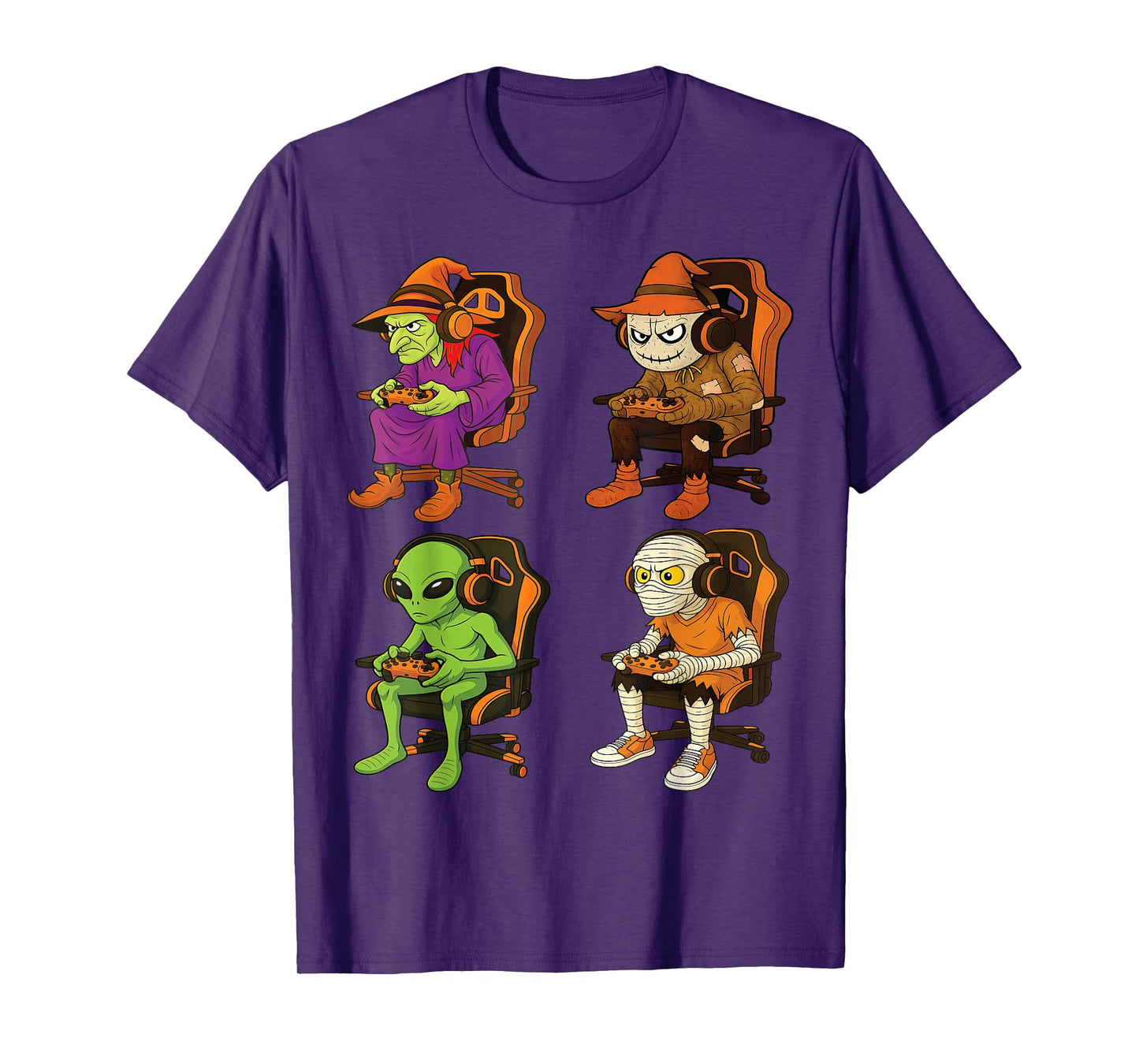 Halloween Gamer Squad Witch, Scarecrow, Alien & Mummy T-Shirt