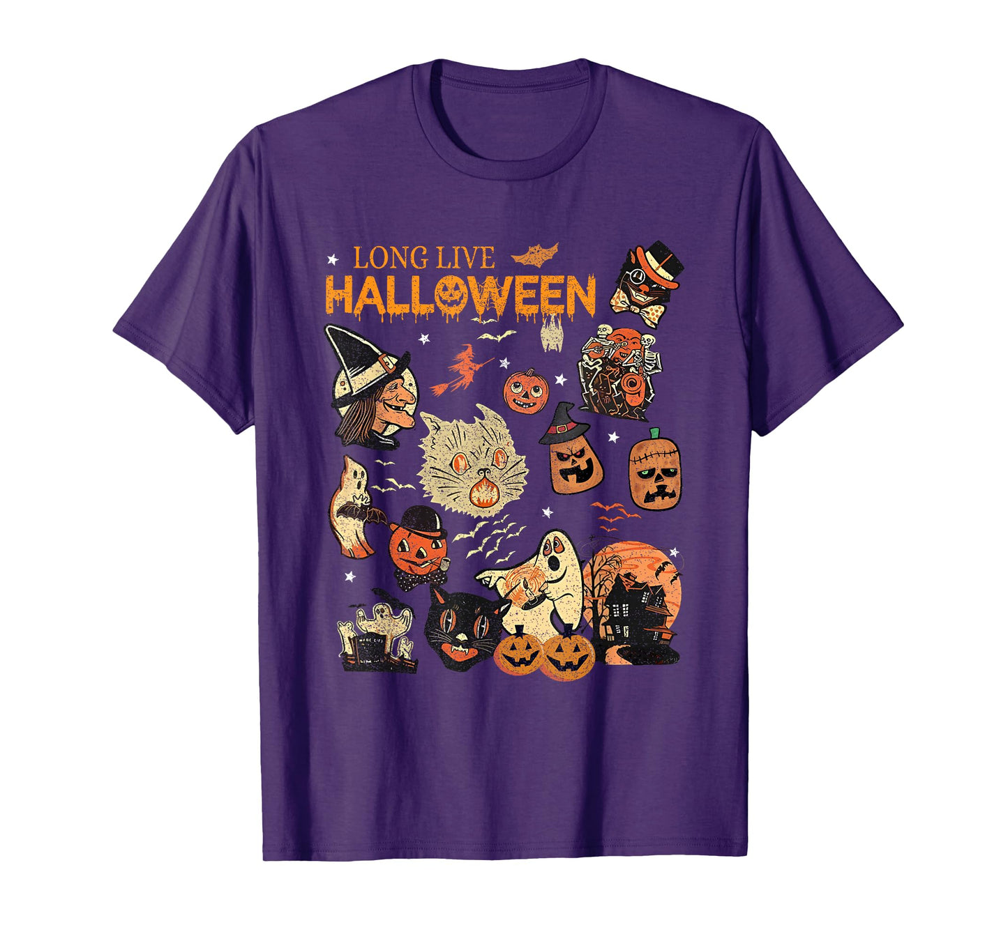 Long Live Halloween Vintage Pumpkin Witch Ghost Black Cat T-Shirt