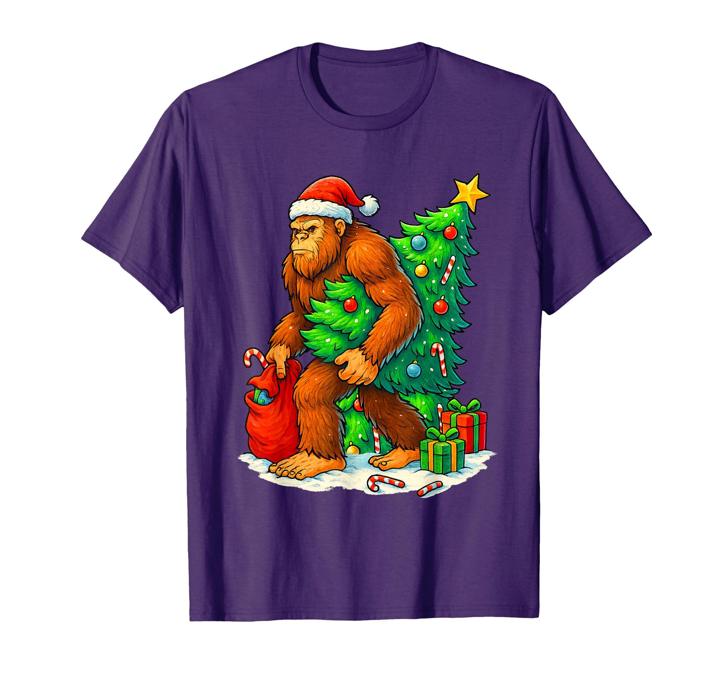 Bigfoot Sasquatch Santa Hat Christmas Tree Xmas Lights T-Shirt