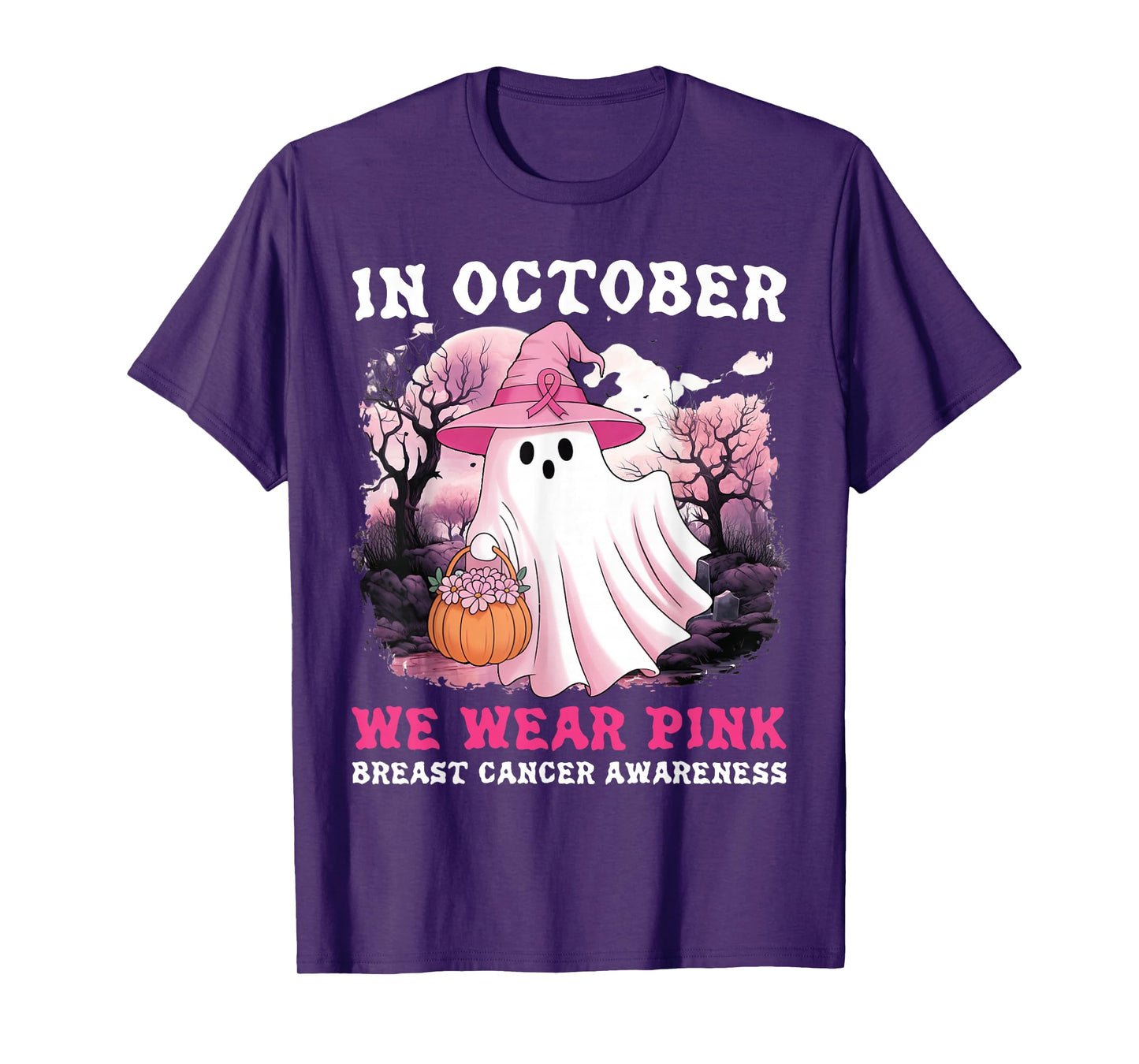 in October We Wear Pink Ghost Witch Breast Cancer Awareness T-Shirt