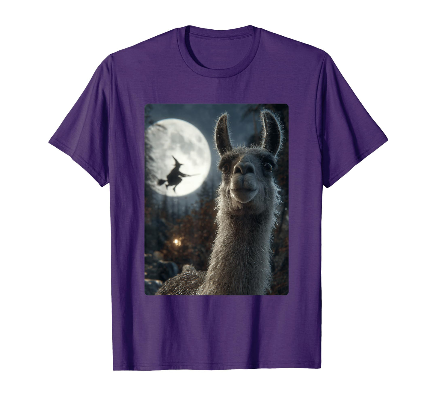 Funny Llama Selfie Full Moon Flying Witch Forest Halloween T-Shirt