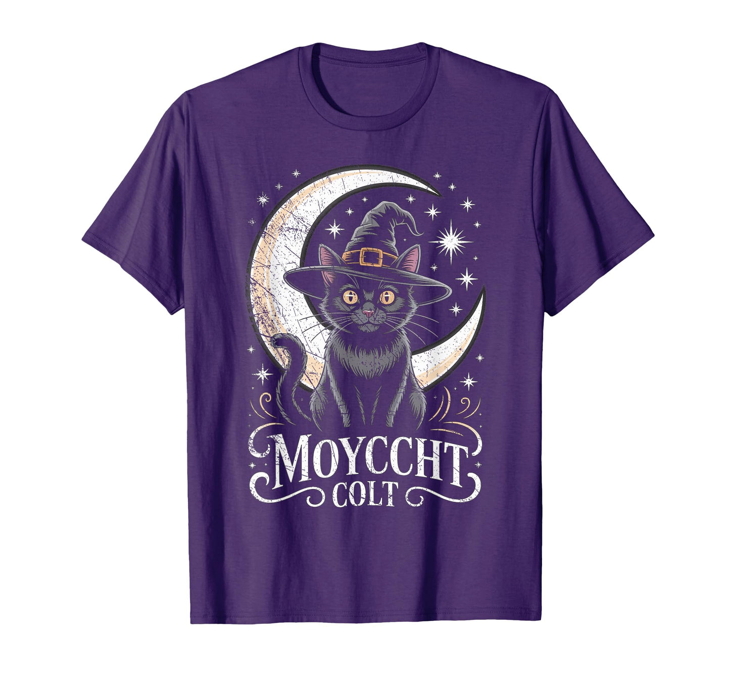 Vintage Scary Halloween Black Cat Costume Witch Hat & Moon T-Shirt