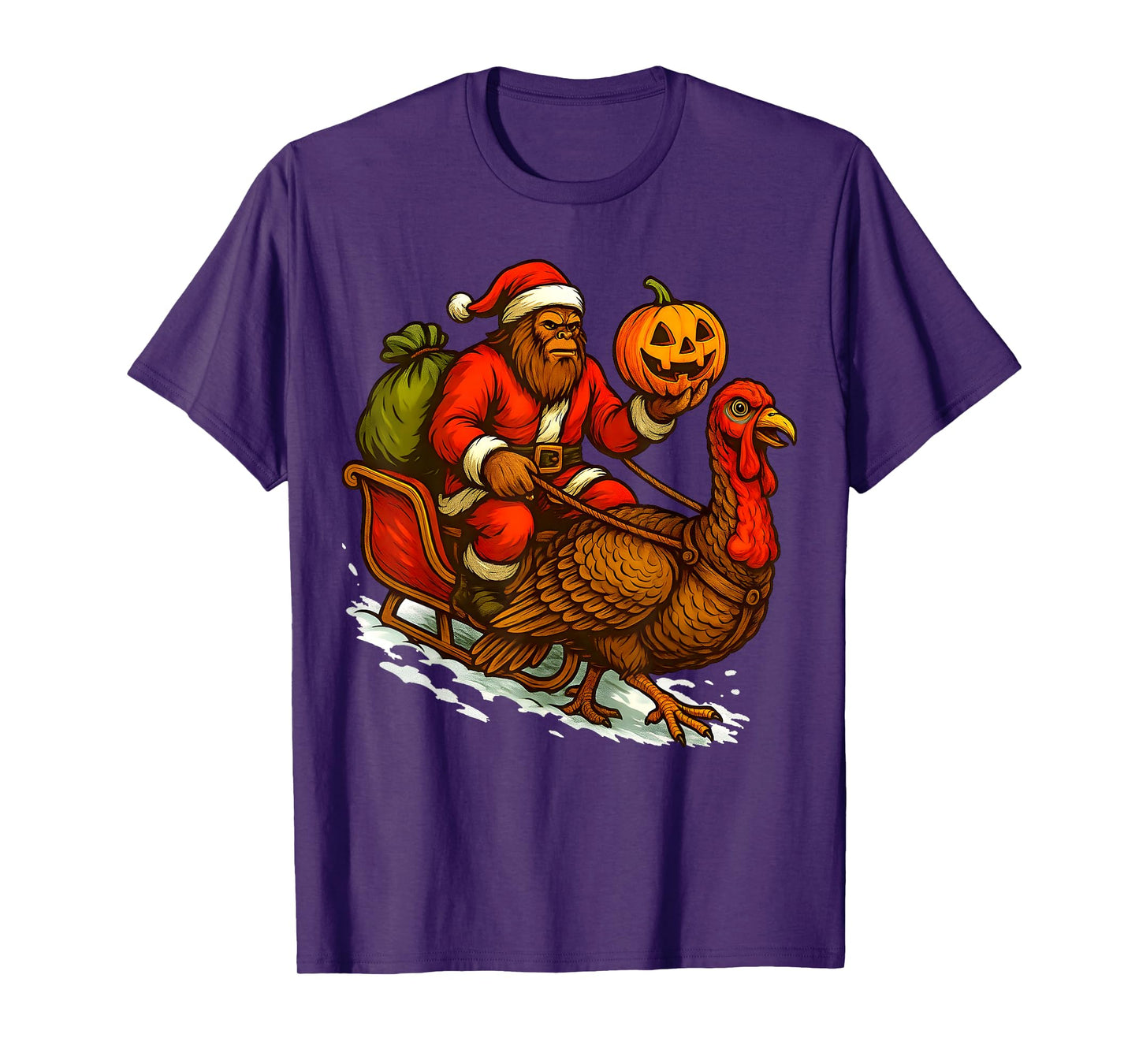Funny Santa Bigfoot Drives a Turkey Pumpkin Halloween Xmas T-Shirt