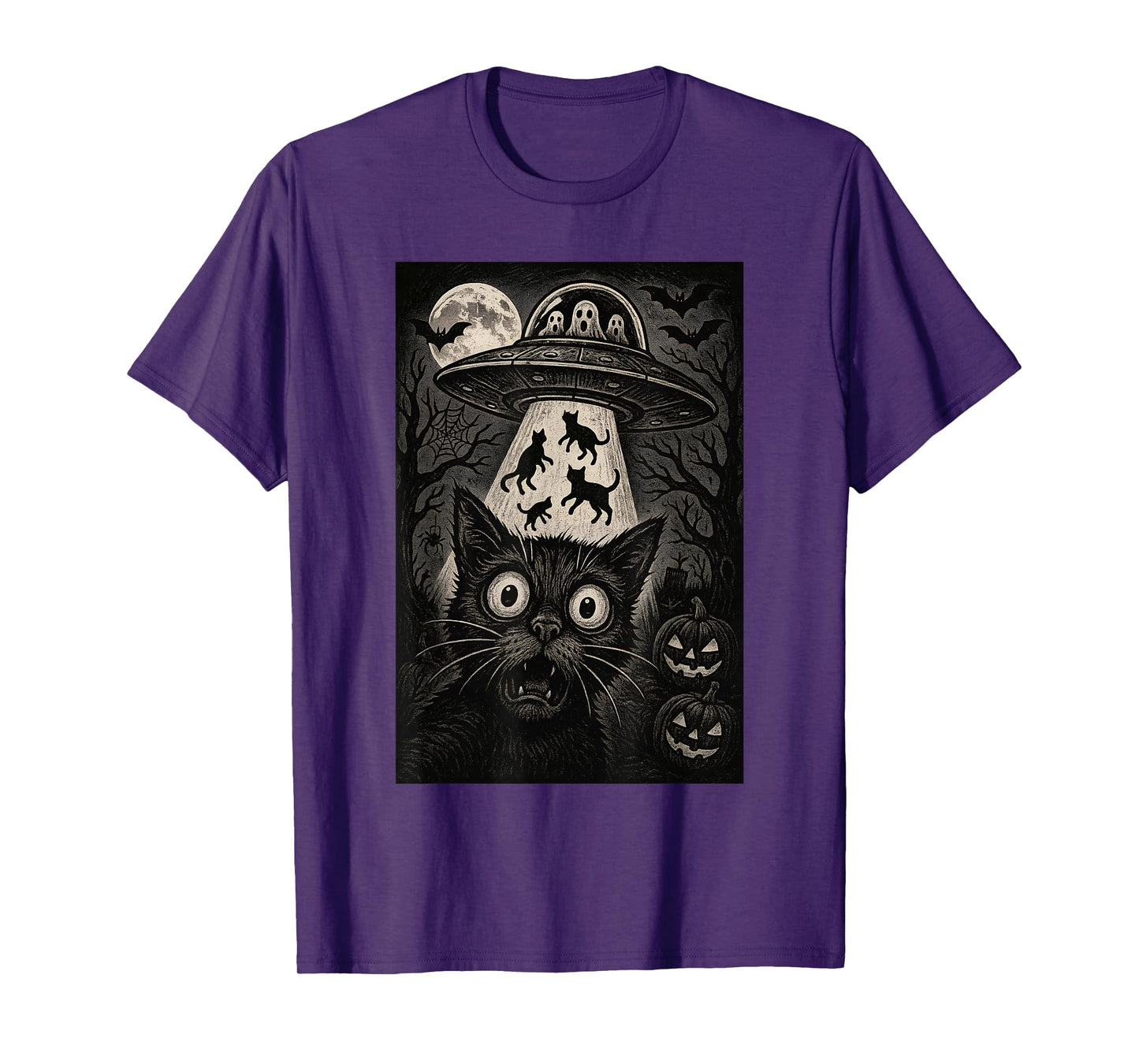 Halloween Cat Selfie Scary Alien Abduction Cats UFO Flying T-Shirt