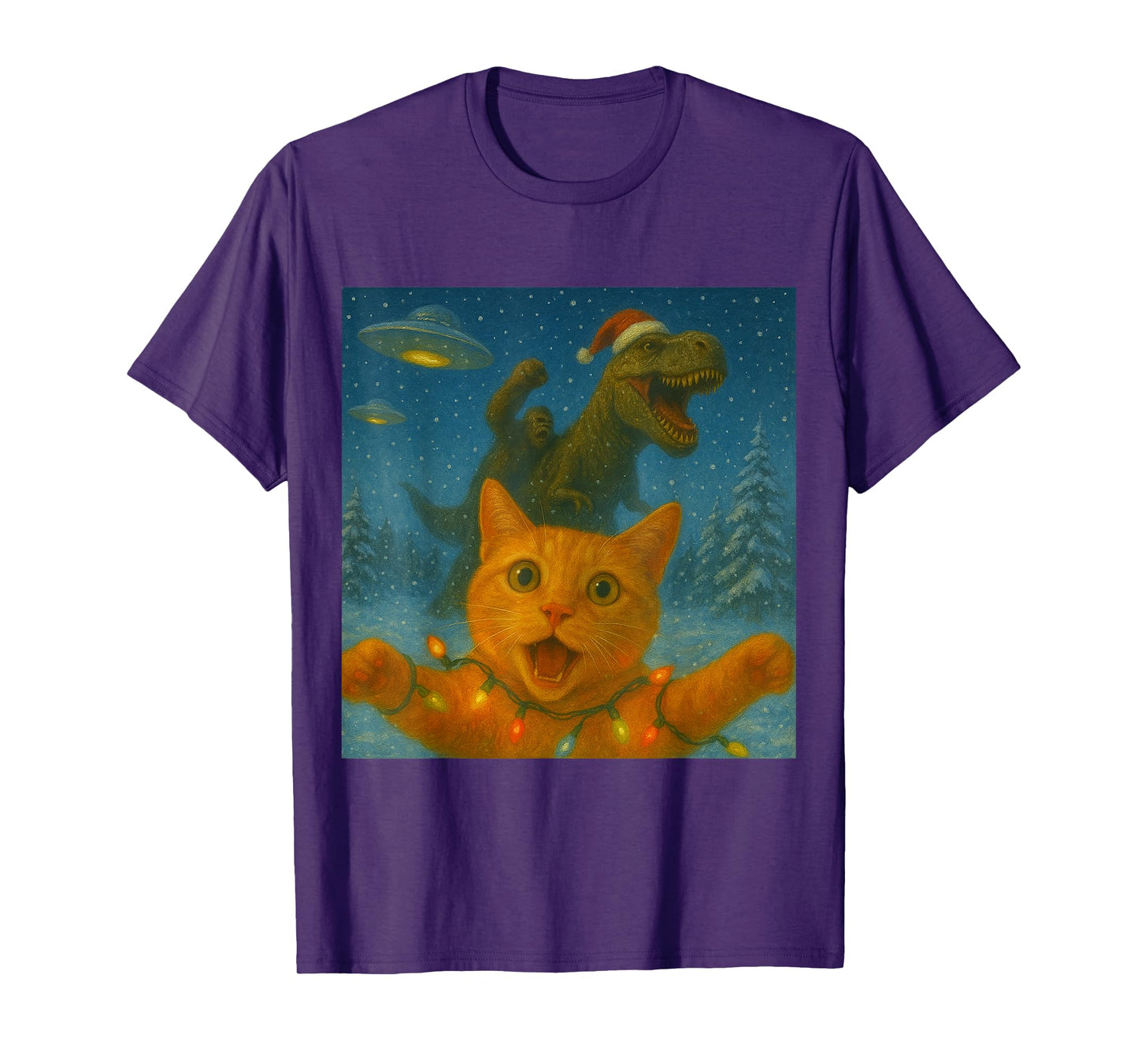 Funny Surprised Scared Cat Selfie T-Rex Dinosaur Bigfoot UFO T-Shirt