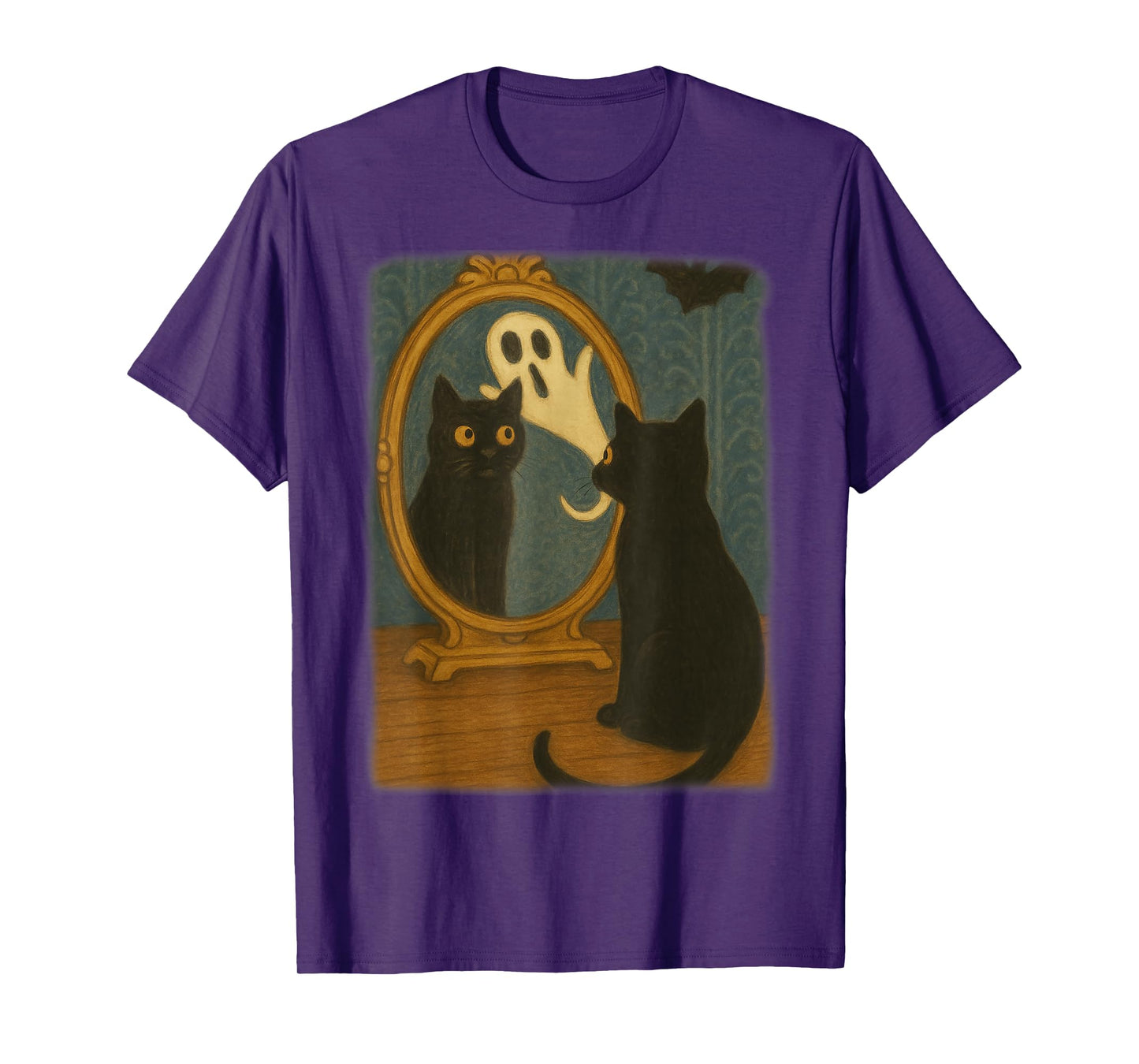 Vintage Halloween Black Cat Ghost in Mirror Cat Lovers Kids T-Shirt