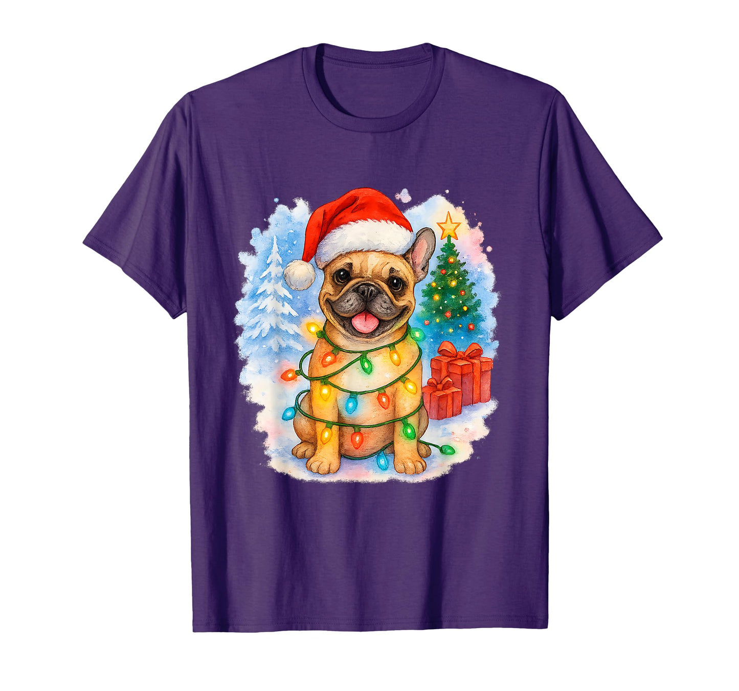 Festive French Bulldog Santa Hat Christmas Tree Lights T-Shirt