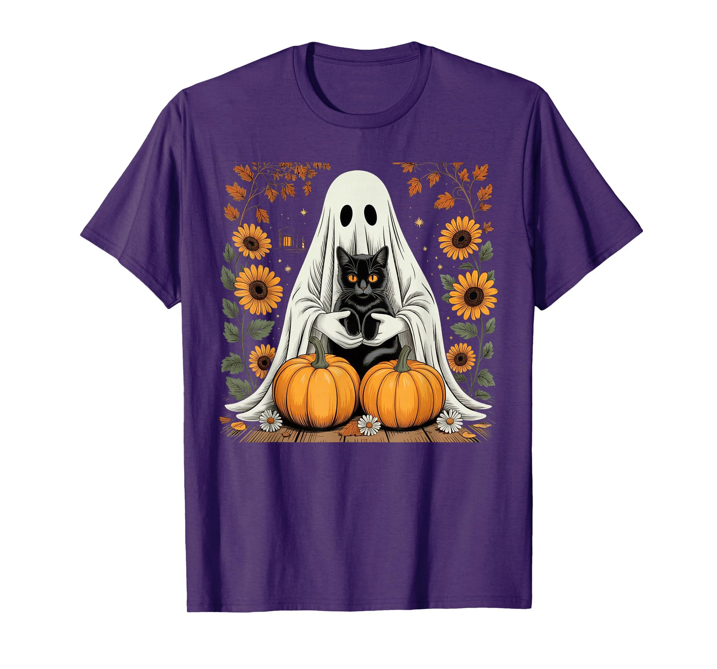Womens Halloween Ghost Black Cat Ghost Halloween Girls T-Shirt