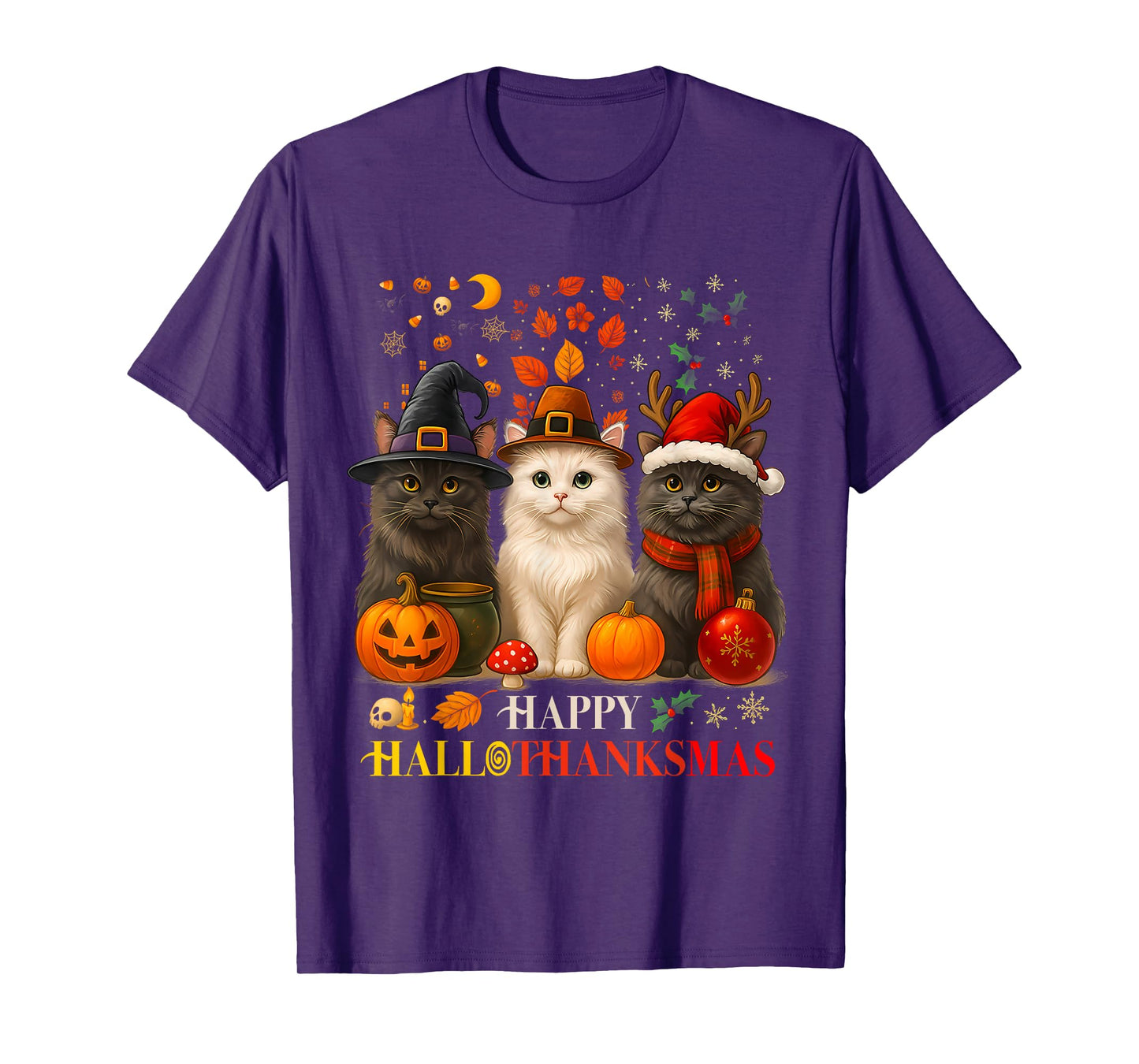 Happy HalloThanksMas Cats Halloween Thanksgiving Christmas T-Shirt