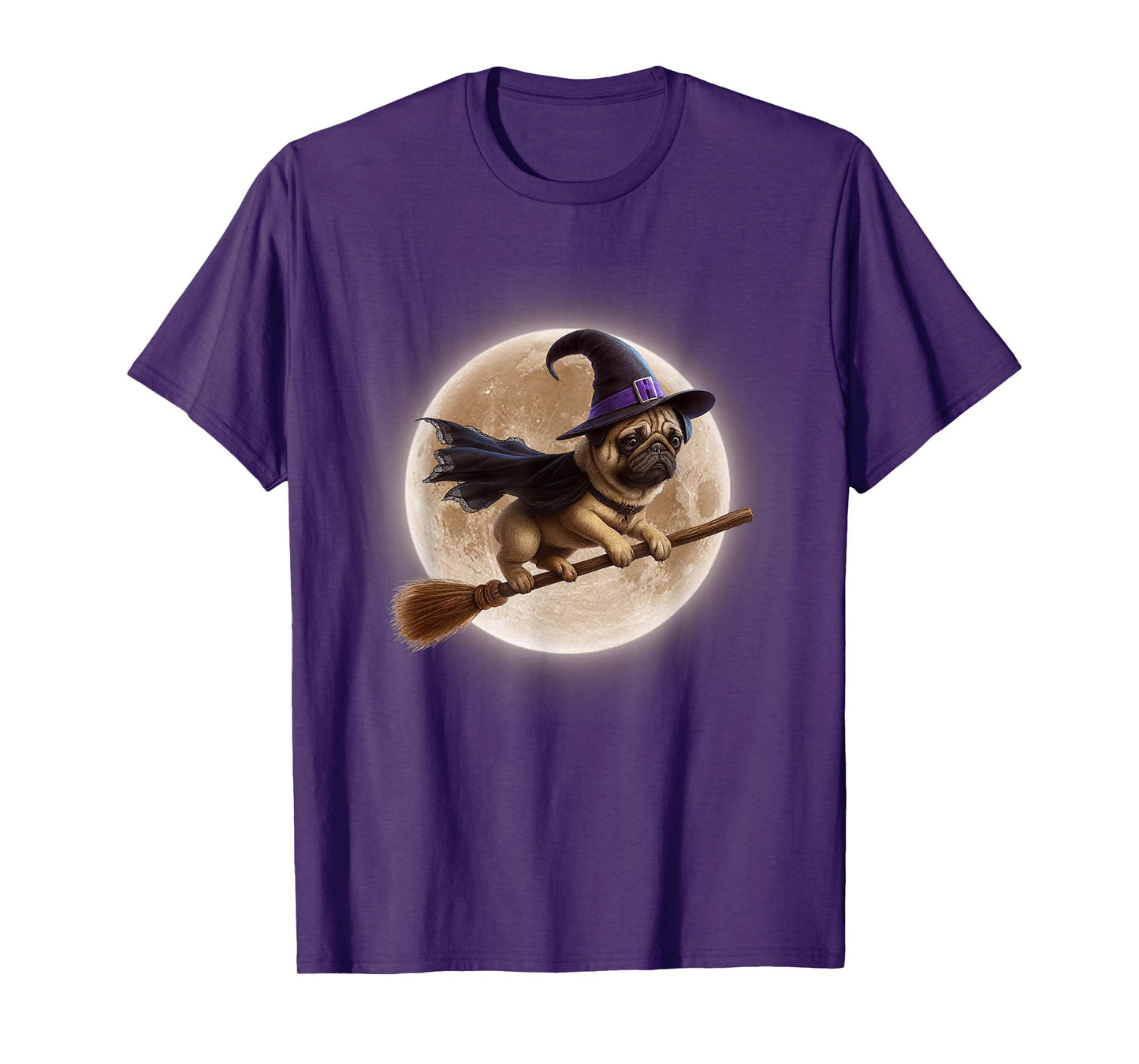 Funny Dog Pug Witch Broom Ride Full Moon Halloween T-Shirt