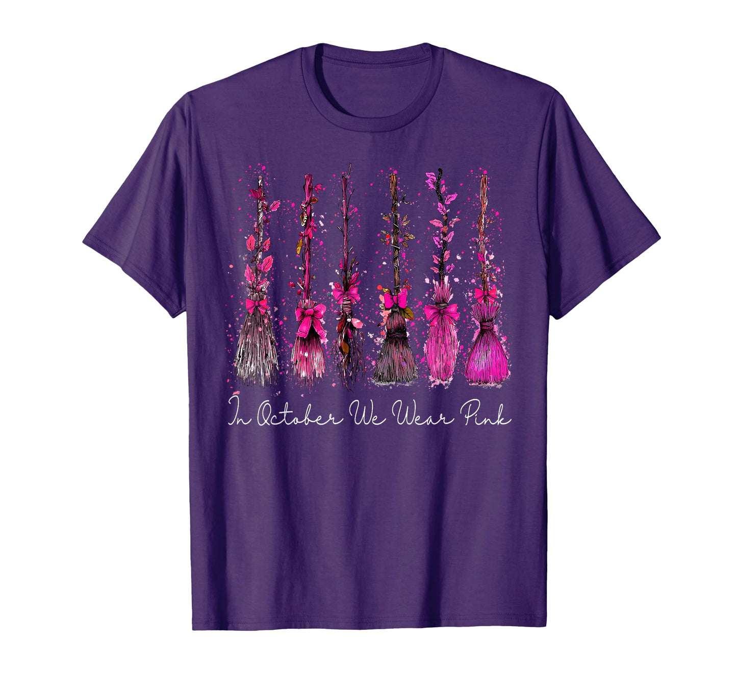 in October We Wear Pink Broom Witch Breast Cancer Halloween T-Shirt