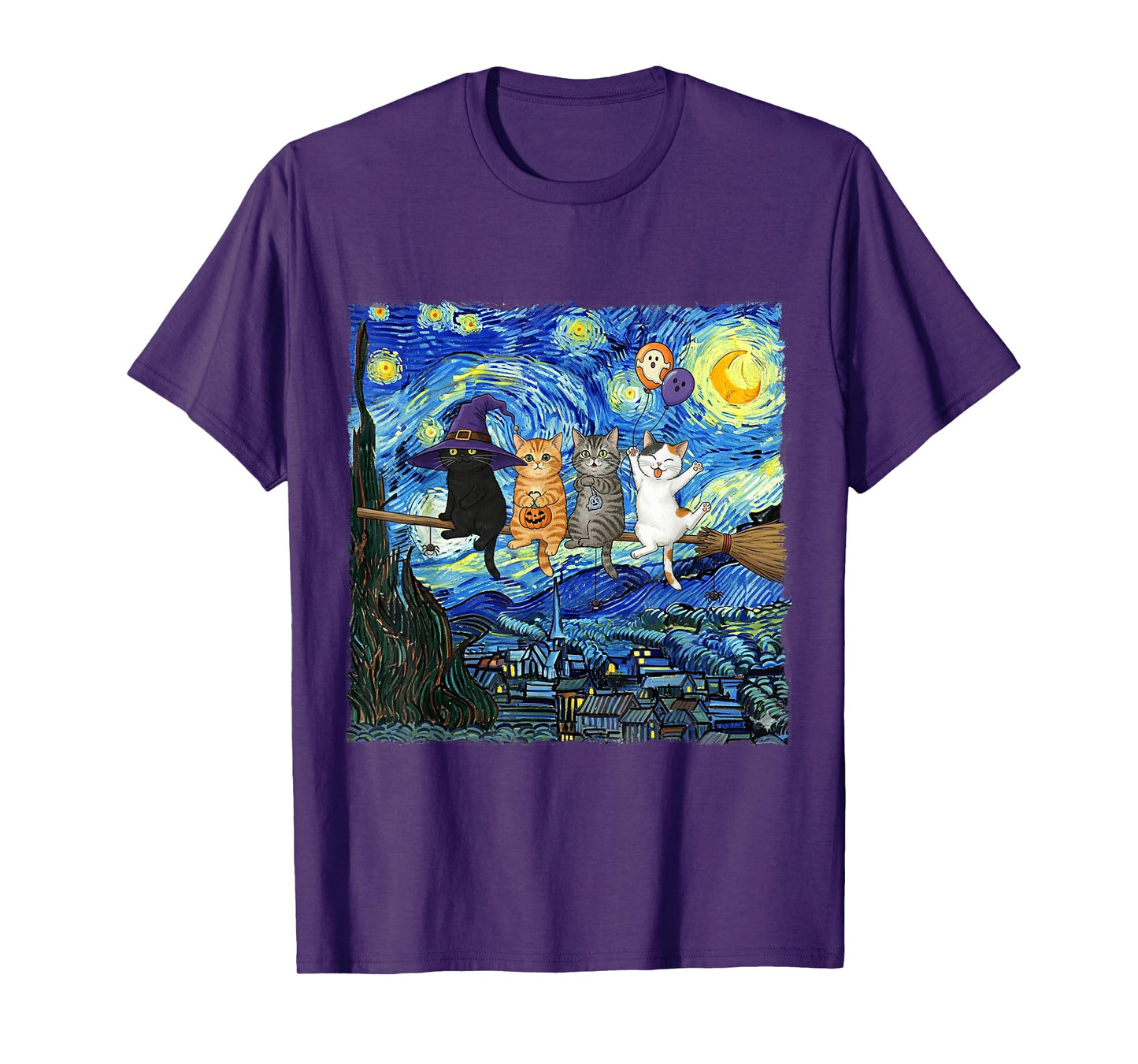 Halloween Cat Starry Night Witch Funny Cats Hanging on Broom T-Shirt