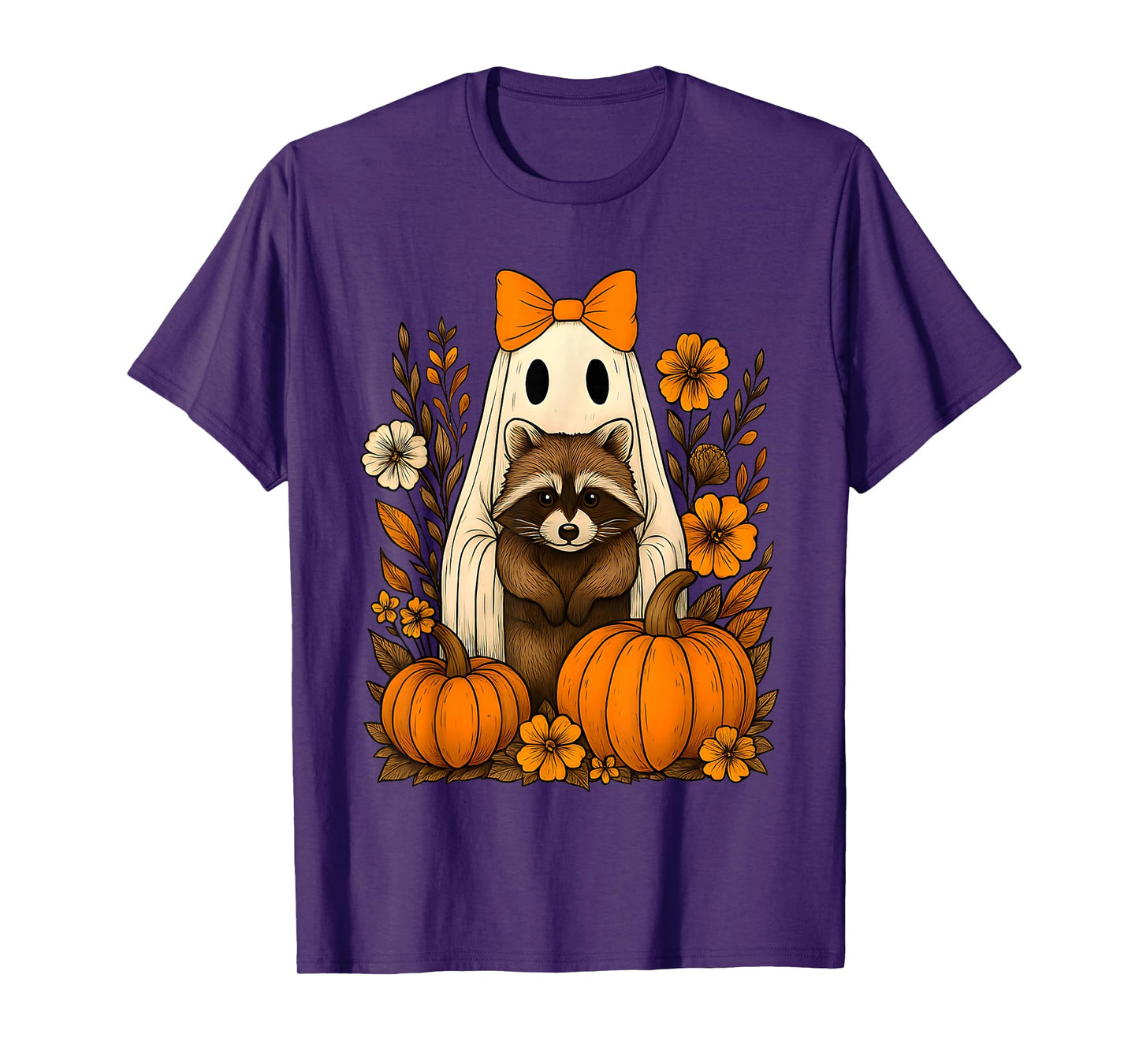 Vintage Halloween Ghost Holding Raccoon Groovy Floral Tee T-Shirt