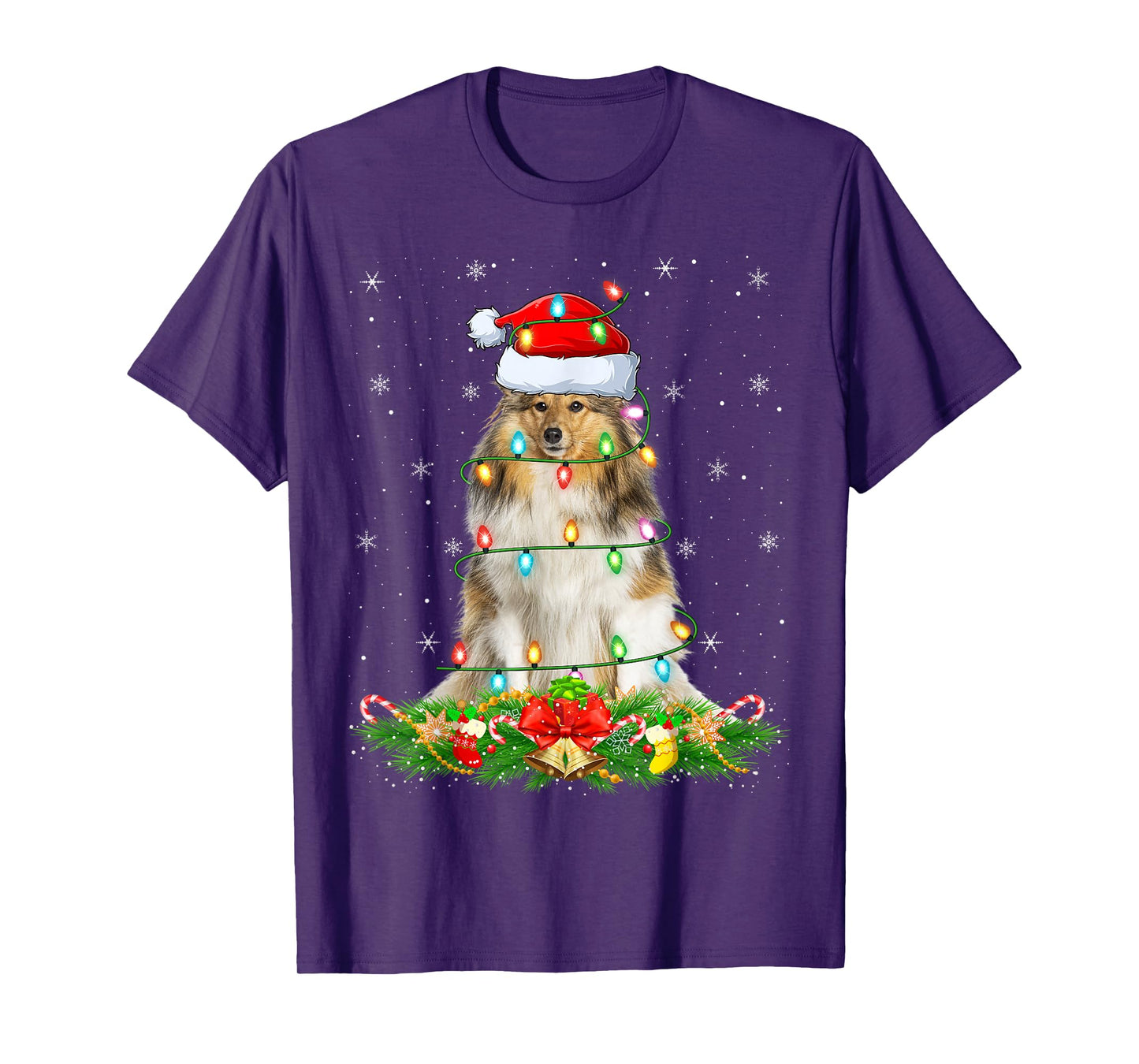 Shetland Sheepdog Christmas Lights Funny Santa Hat Xmas T-Shirt