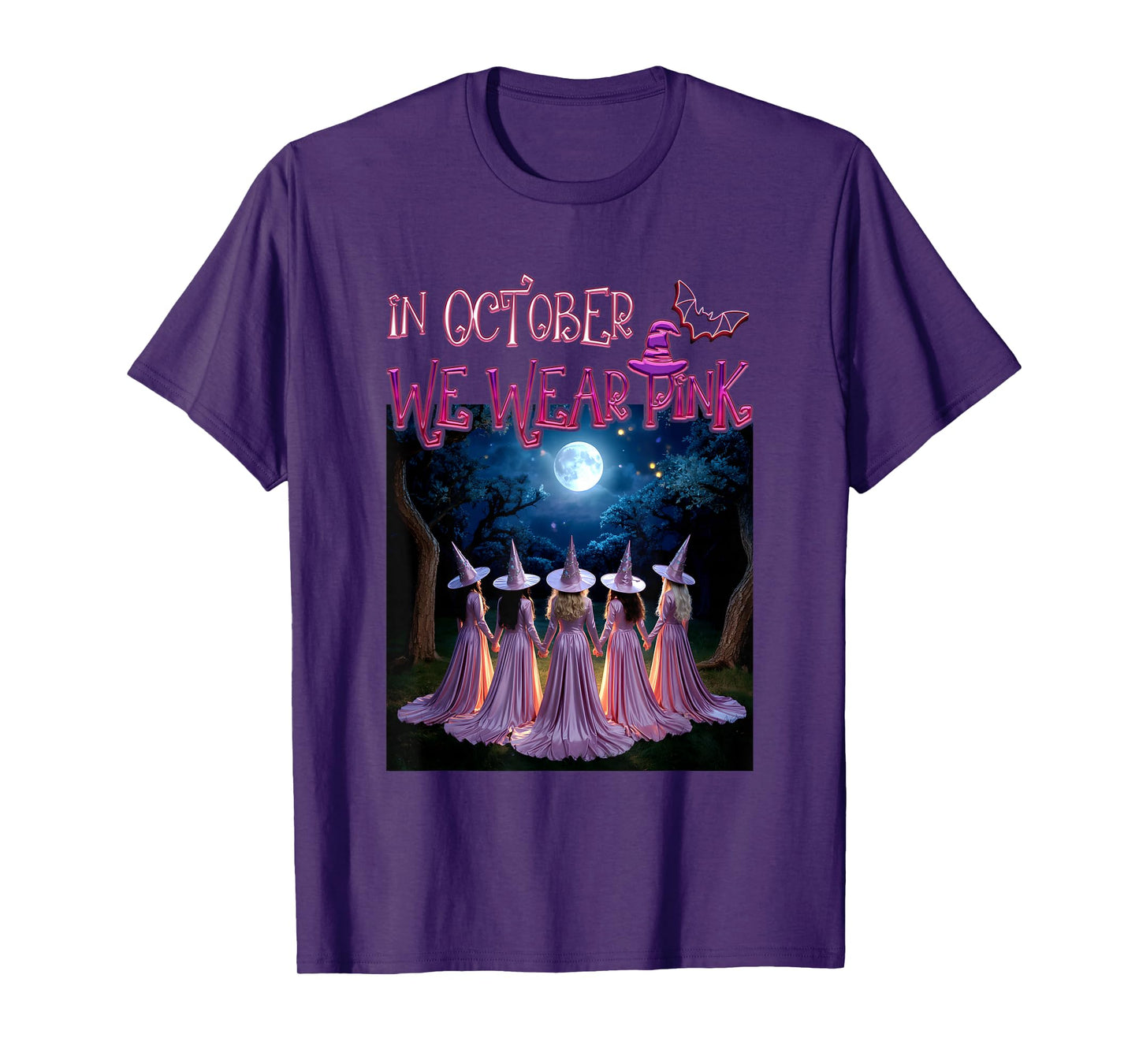 in October We Wear Pink Witches Breast Cancer Awareness Moon T-Shirt