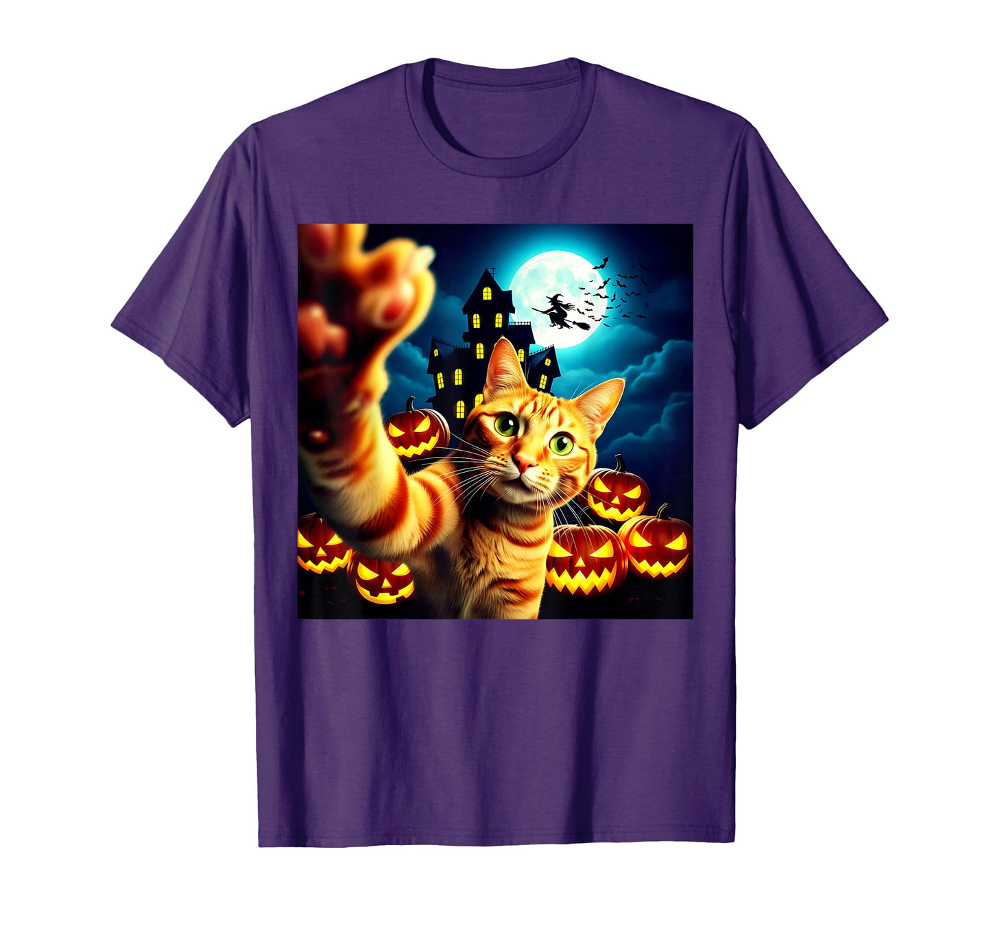 Funny Halloween Cat Selfie Pumpkin Spooky Haunted House T-Shirt
