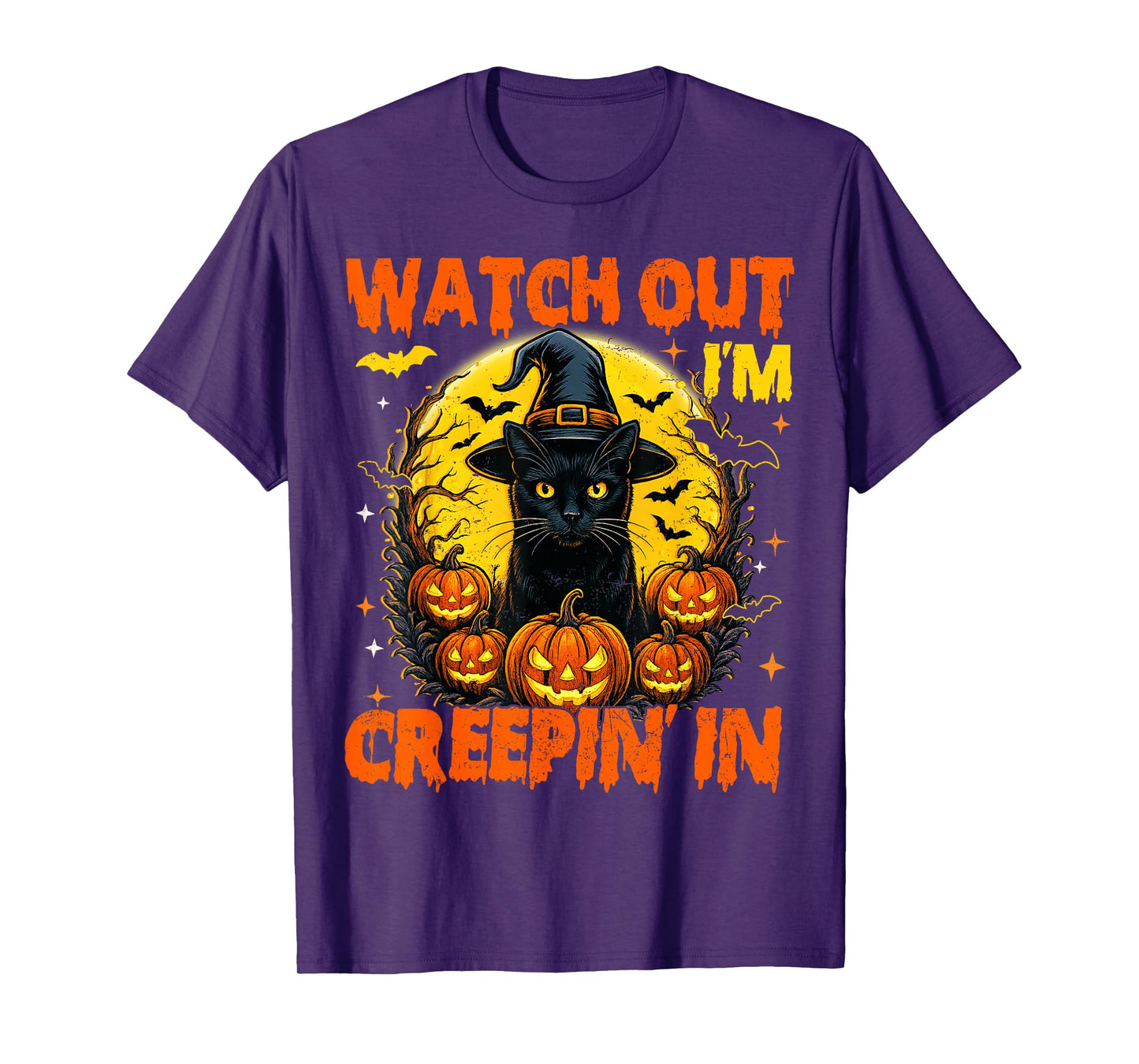 Black Cat Halloween Pumpkin Costume Creepin in Spooky Autumn T-Shirt