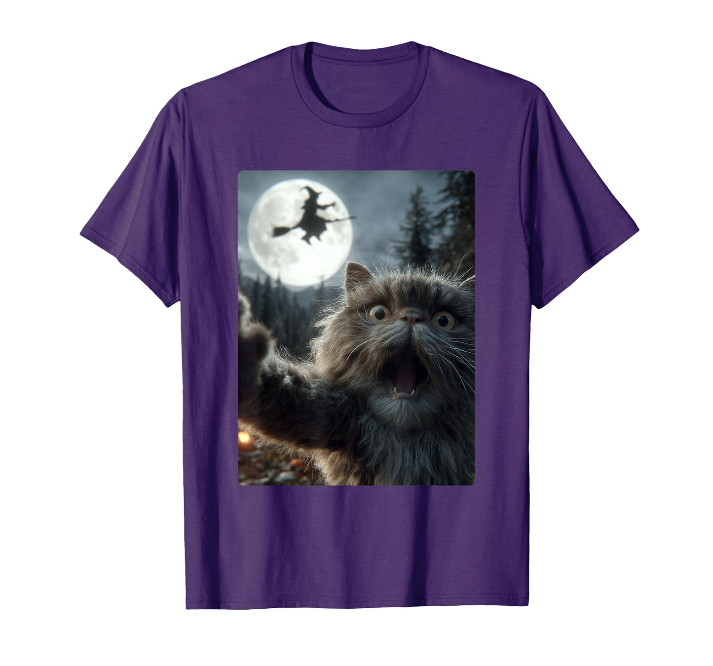 Funny Persian Cat Selfie Full Moon Flying Witch Halloween T-Shirt