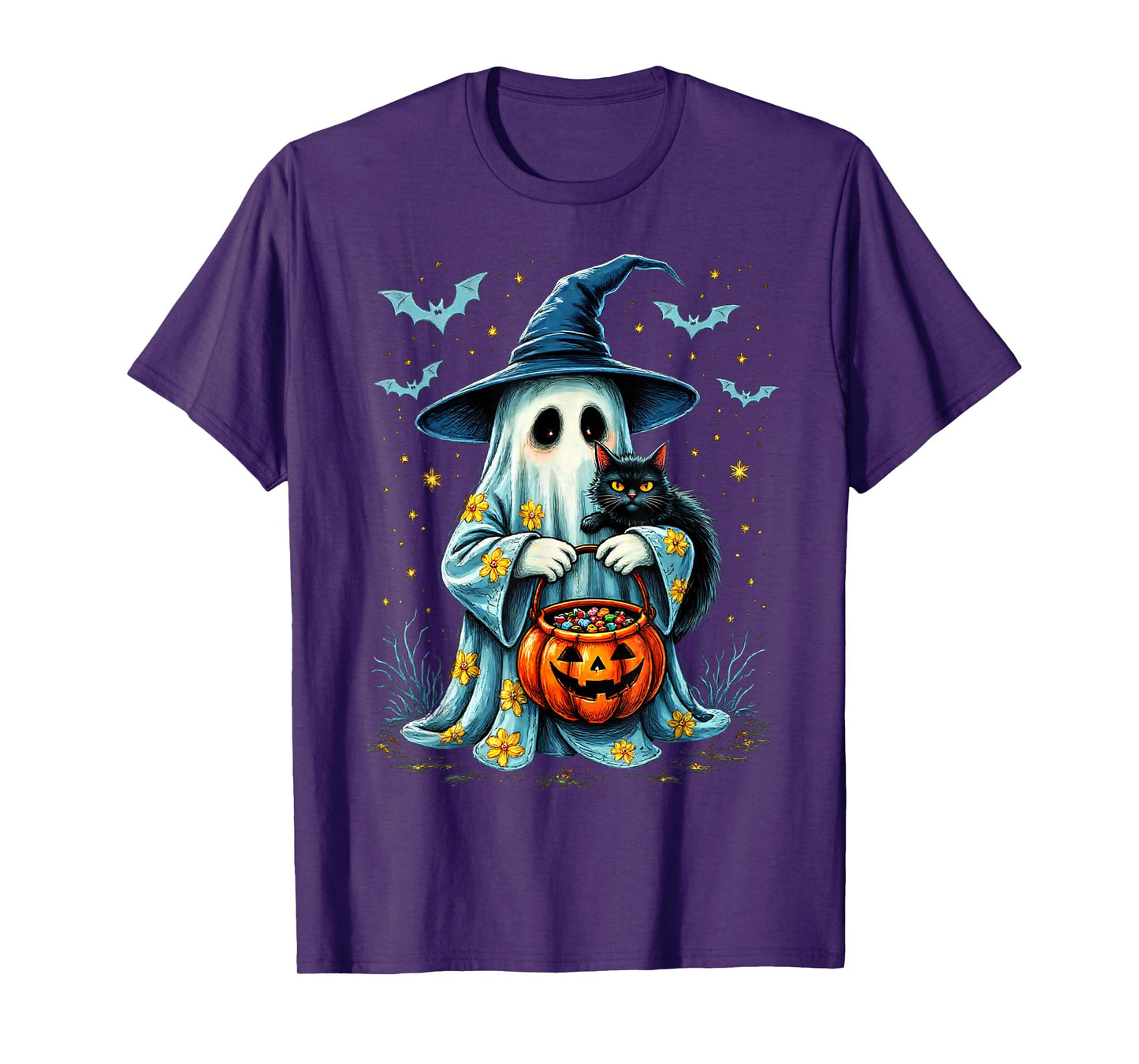 Ghost Holding Black Cat Lover Halloween 2025 Groovy Floral T-Shirt