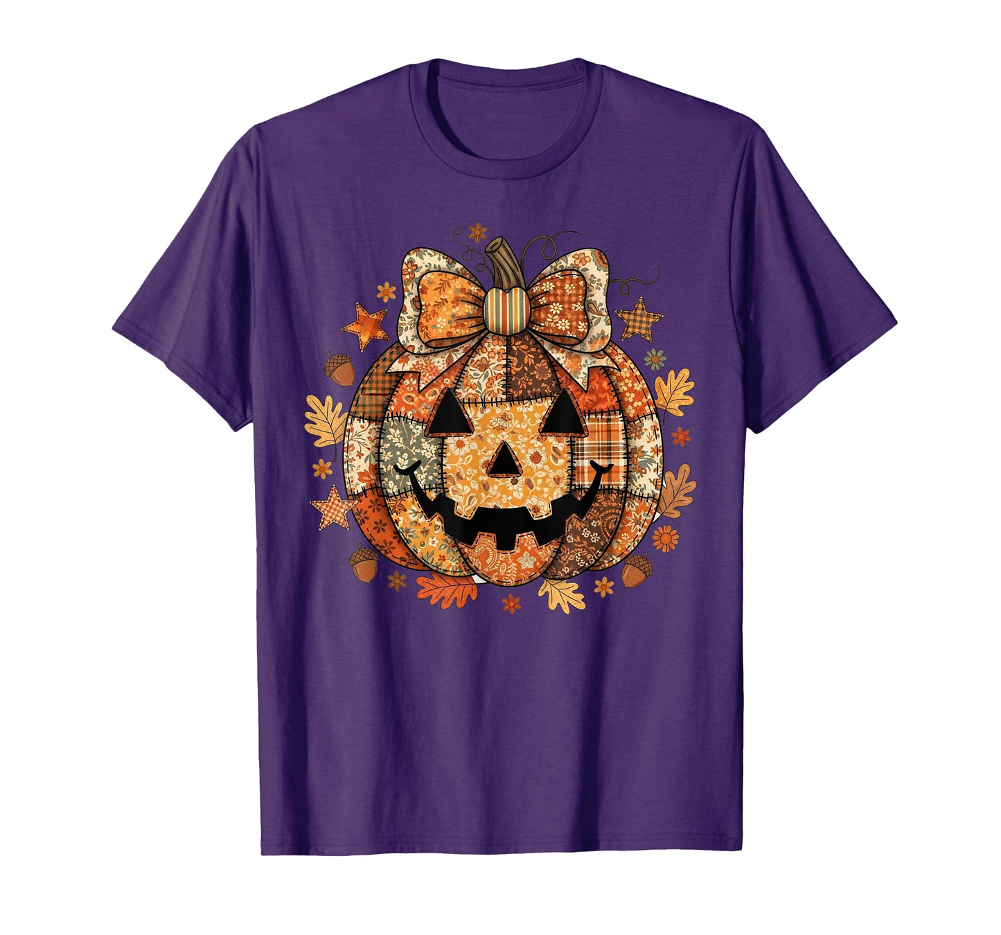 Floral Fall Patchwork Boho Pumpkin Bow Retro Halloween T-Shirt