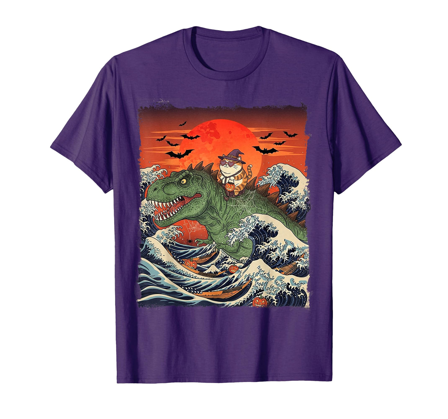 Funny Halloween Cat Witch Riding Dinosaur T-Rex Ukiyo-e Wave T-Shirt