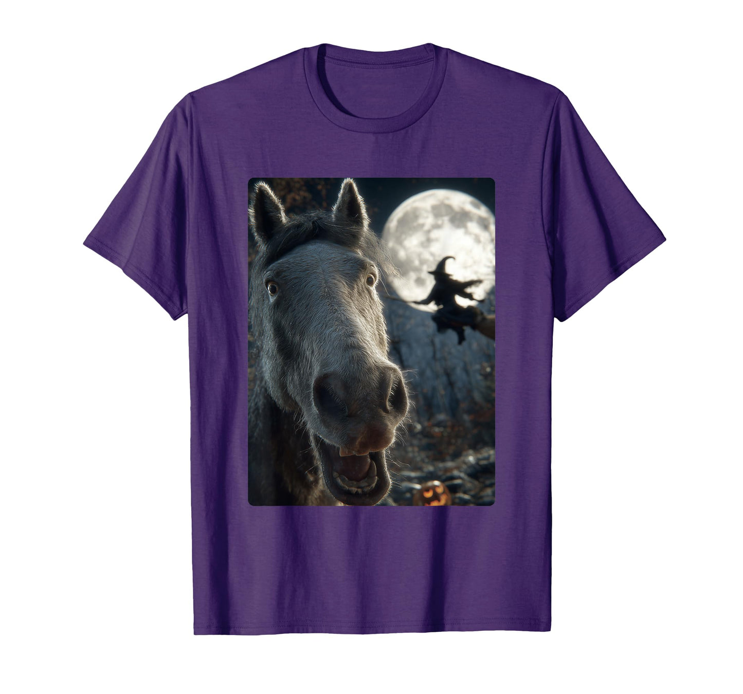 Funny Horse Selfie Full Moon Flying Witch Forest Halloween T-Shirt
