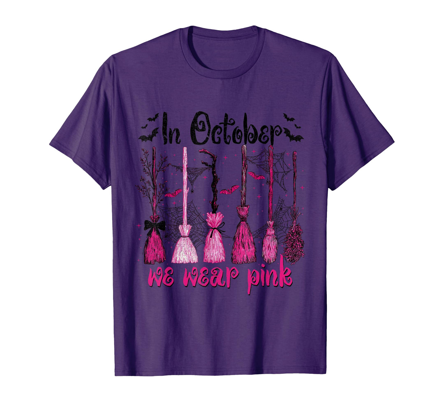 in October We Wear Pink Witches Brooms Spooky Breast Cancer T-Shirt