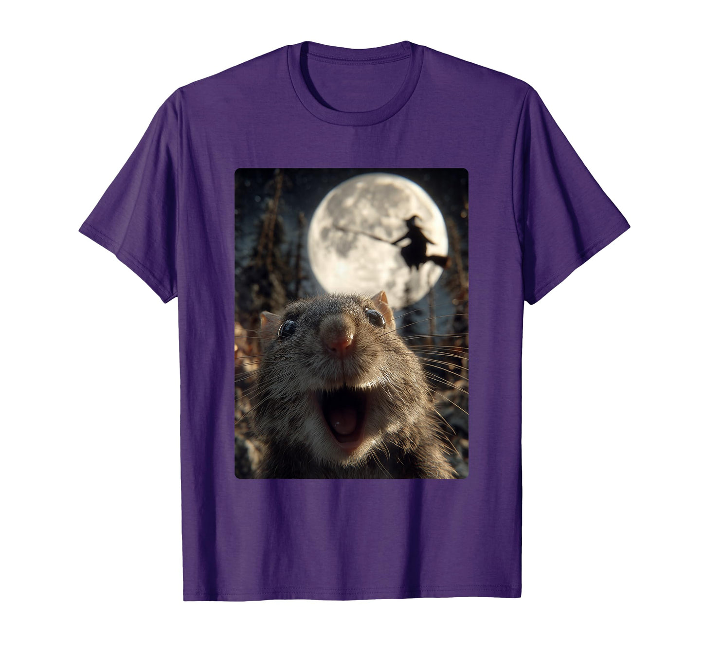 Funny Hamster Selfie Full Moon Flying Witch Forest Halloween T-Shirt