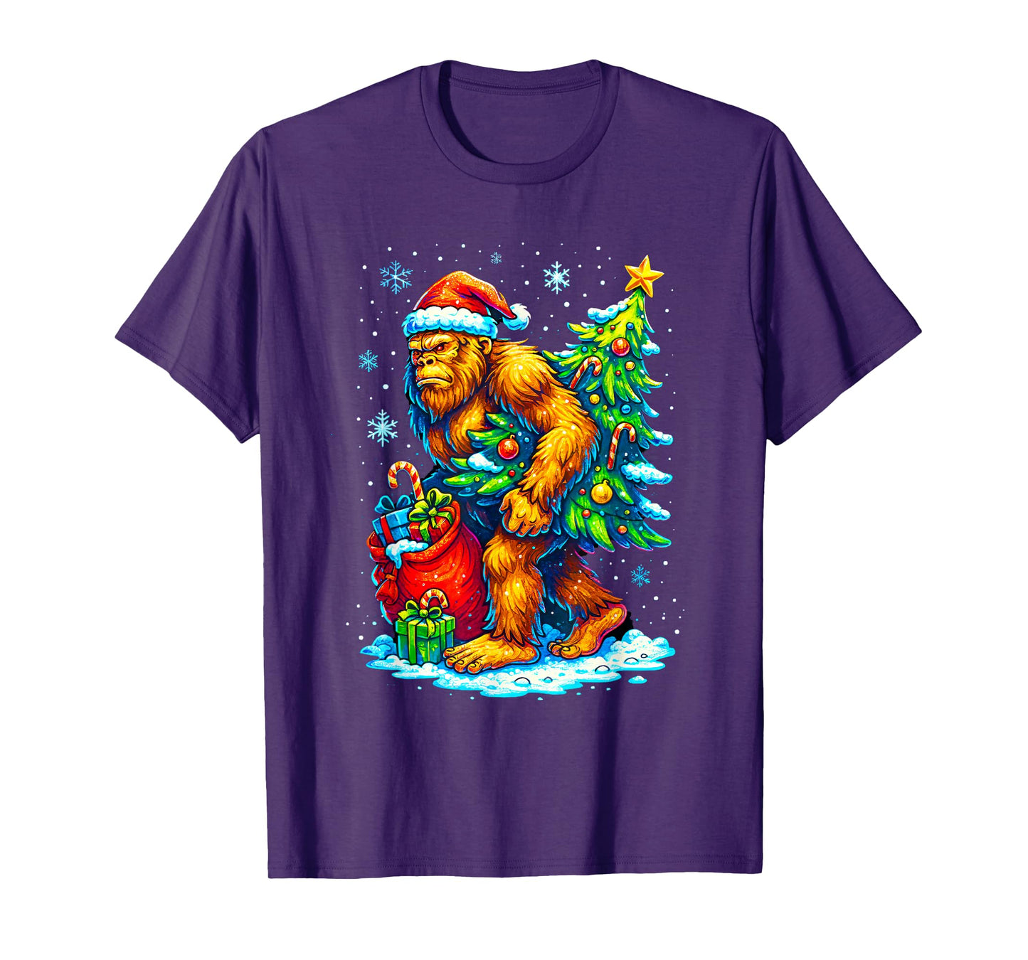Bigfoot Christmas Tree Santa Hat Funny Sasquatch Xmas Lights T-Shirt