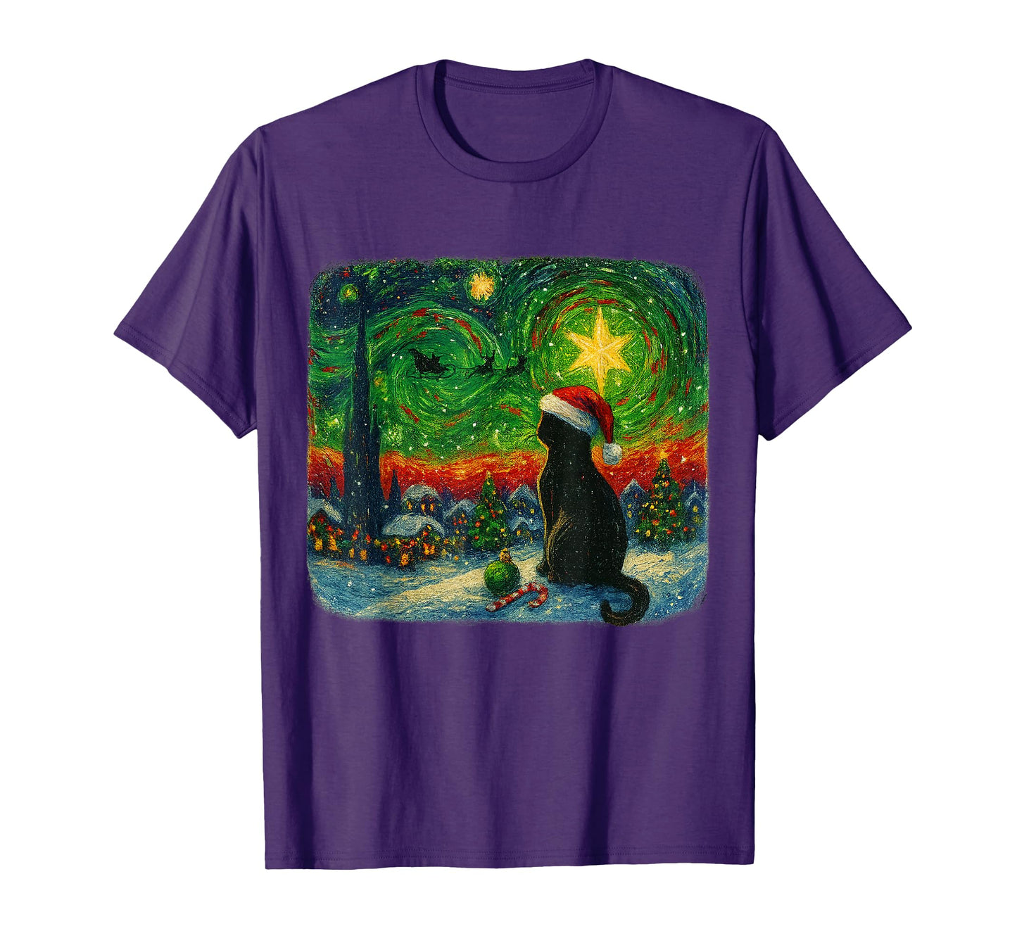 Funny Black Cat Merry Christmas Xmas Van Gogh Pajama Holiday T-Shirt